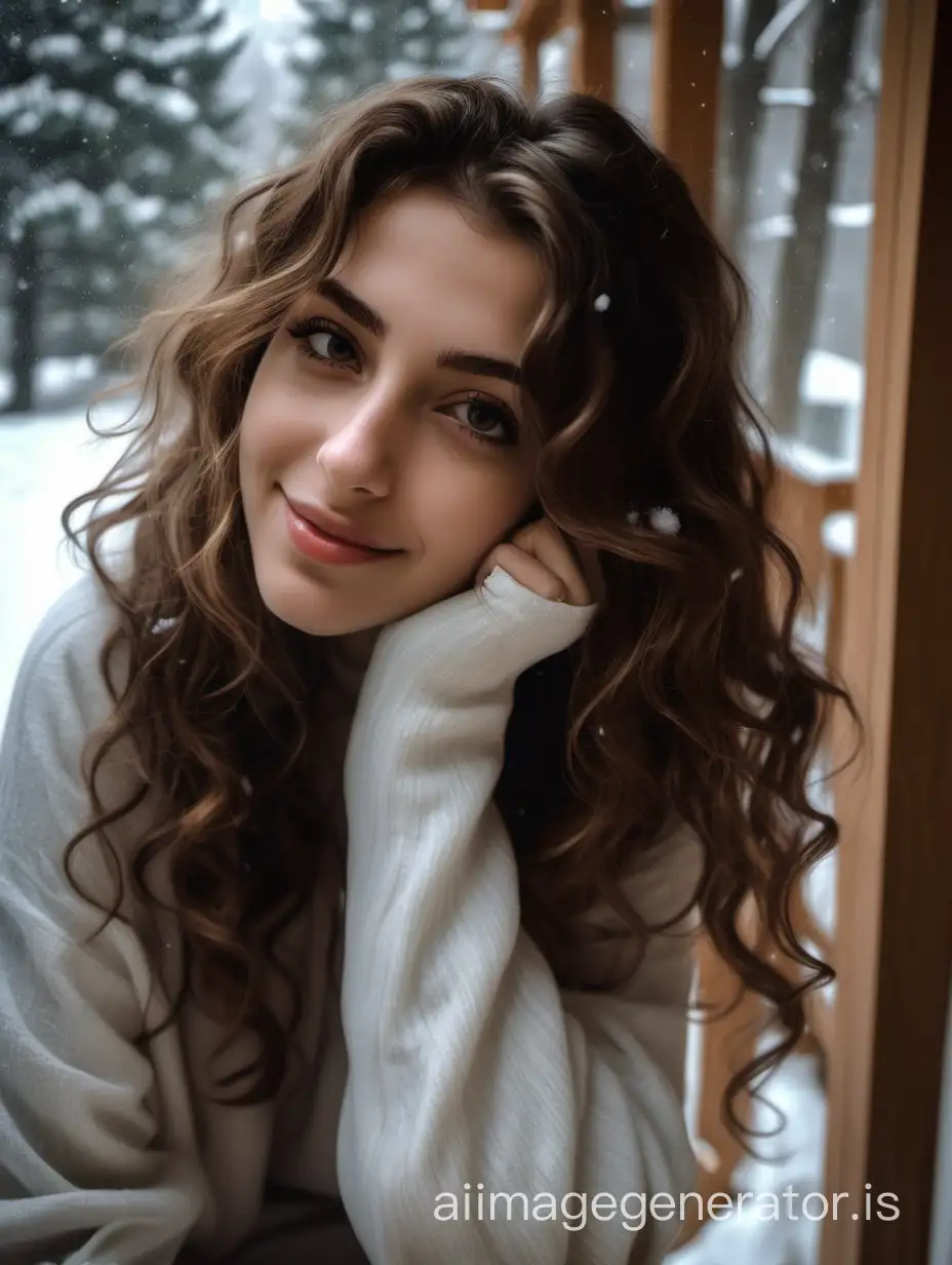 a photo of michela an italian prosperous girl just came back home from college with brown wavy hair relaxing into the cottage during a snowy day