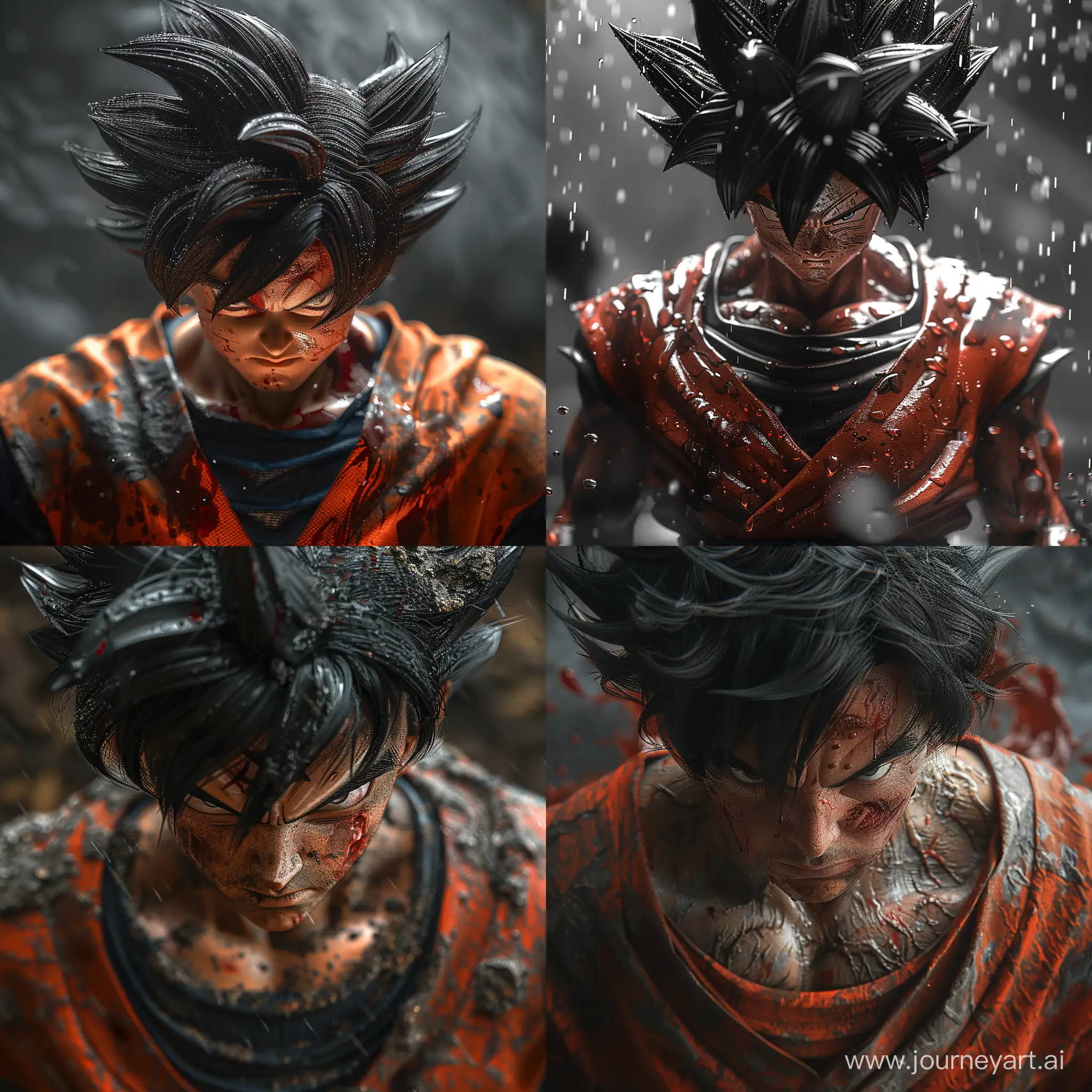 realistic dragon ball,Son Goku, looking down, cinematic, dark, prime 1 studio, (awe-inspiring:1.1), majestic, pompous, (floating in mid-air:1.5), (leviating:1.5), extreme detailed, flowing cape, chiaroscuro, harsh shadows, bloody highly detailed --style raw --stylize 500 --v 6