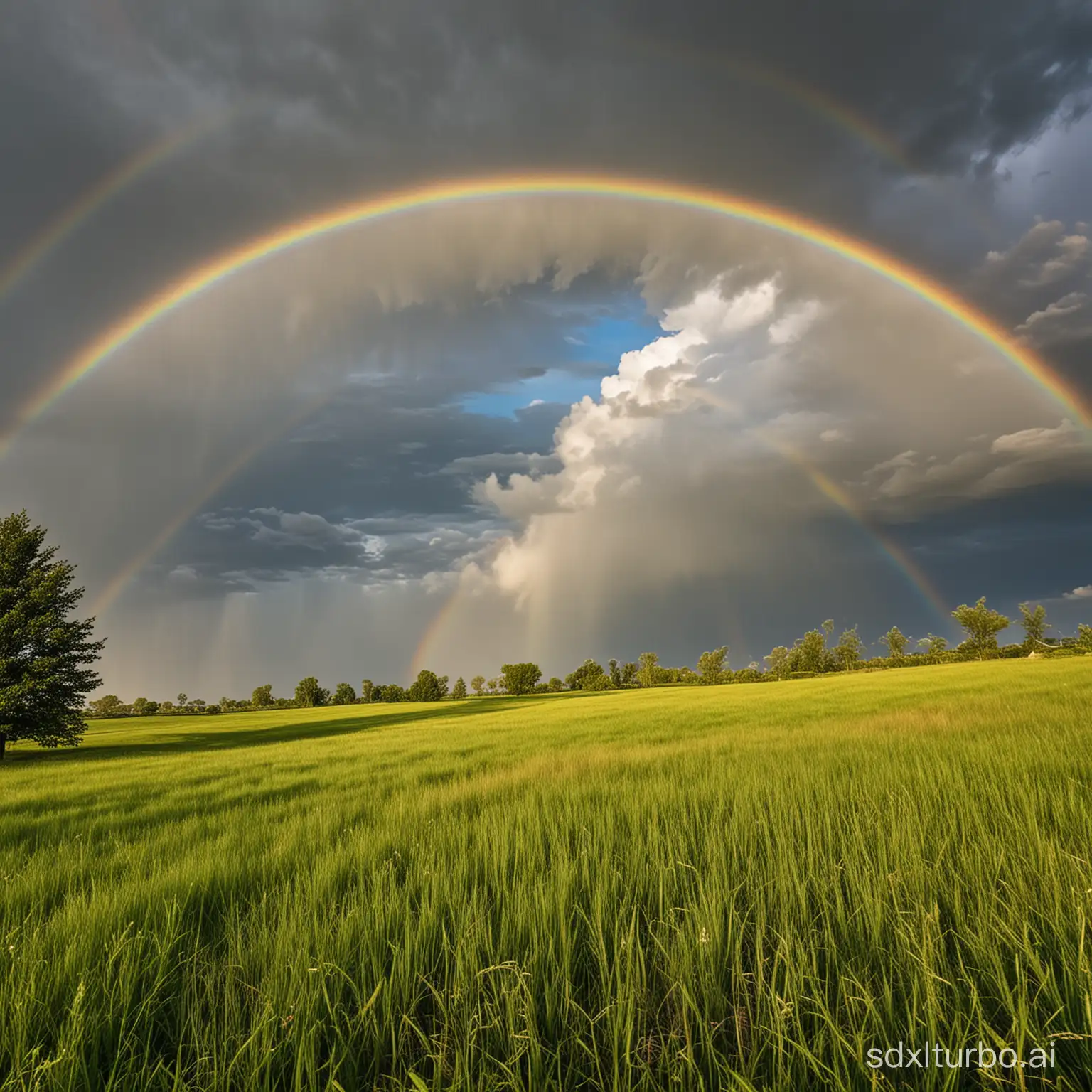 Dramatically peaceful clouds gathered and a rainbow appeared in the clear sky. The grass bursts with hope and new life, full of greenery behind the rainbows.