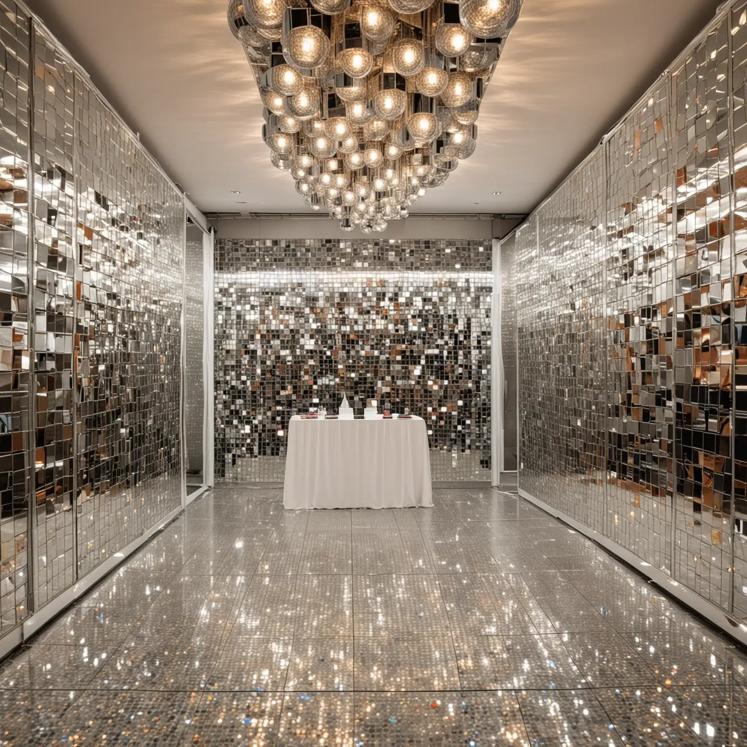 A CUBE photobooth with a variety of large disco balls hanging down from the ceiling and mirror mosaic walls and mirror mosaic floor