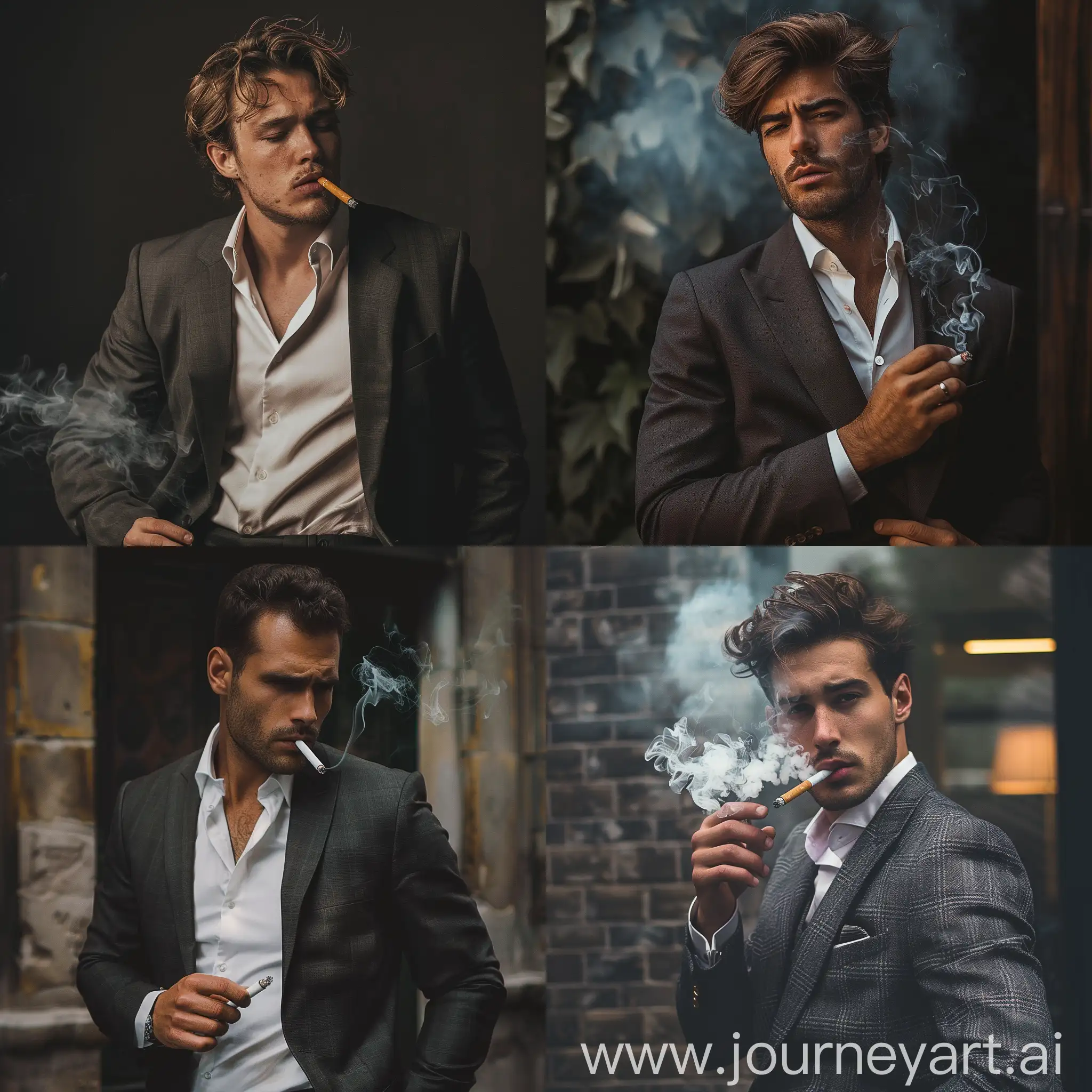 A hot guy that loooks like in his 40s wearing a suit while smoking