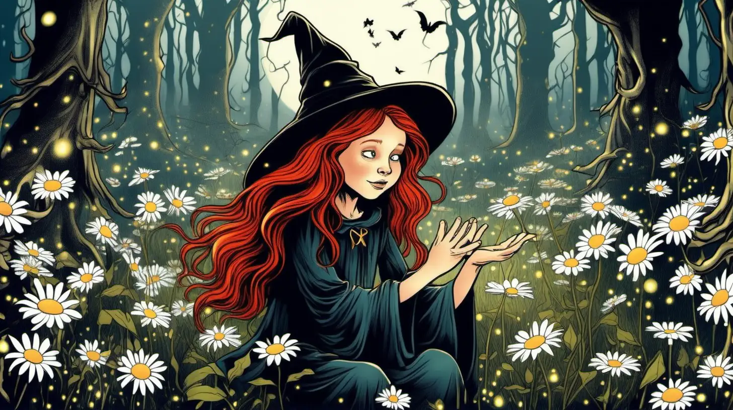 RedHaired 10YearOld Witch Enchants Daisies in Enchanted Forest
