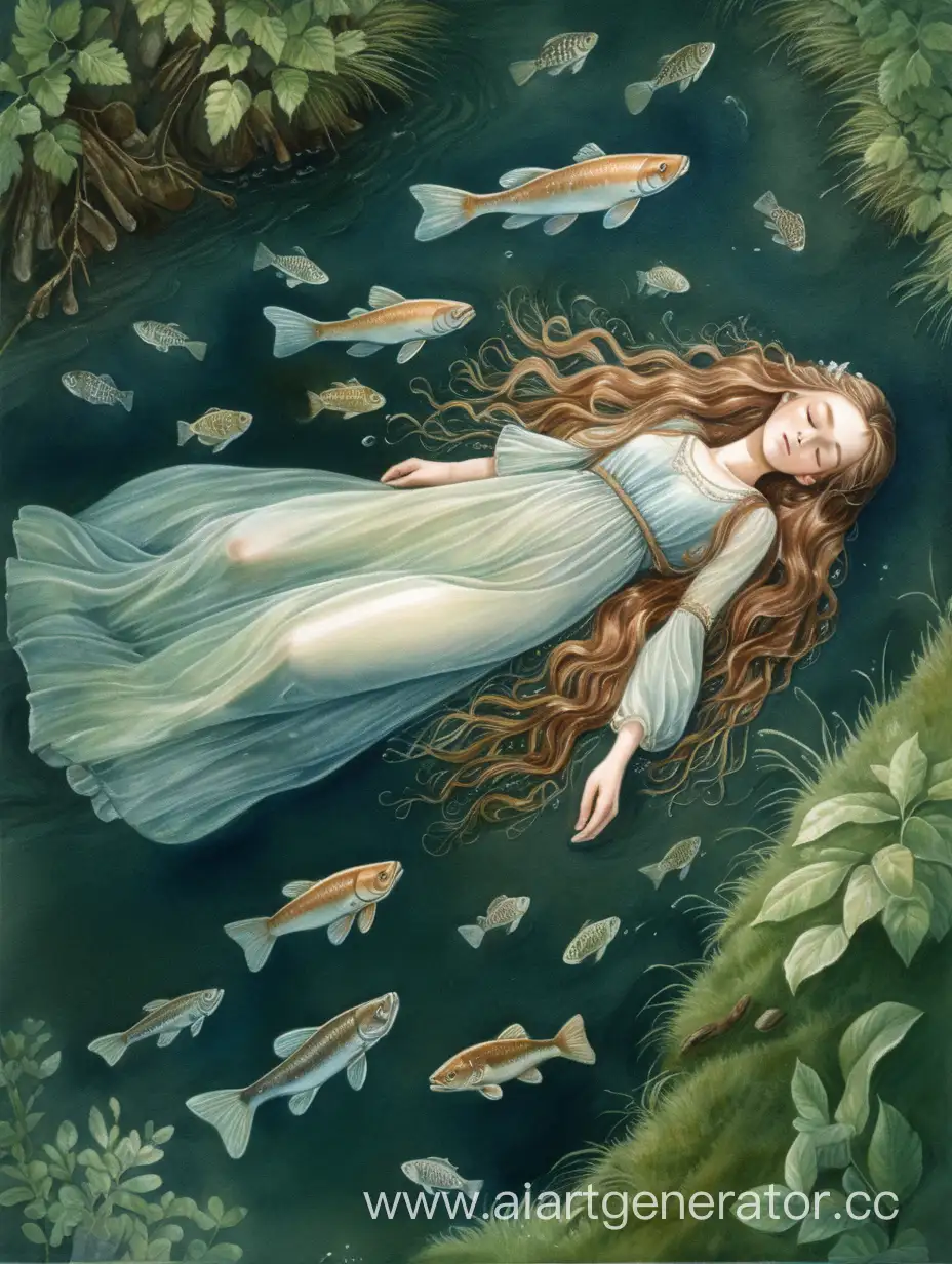 Tranquil-Slavic-Girl-Sleeping-in-Clear-River-Amid-Forest-Moss