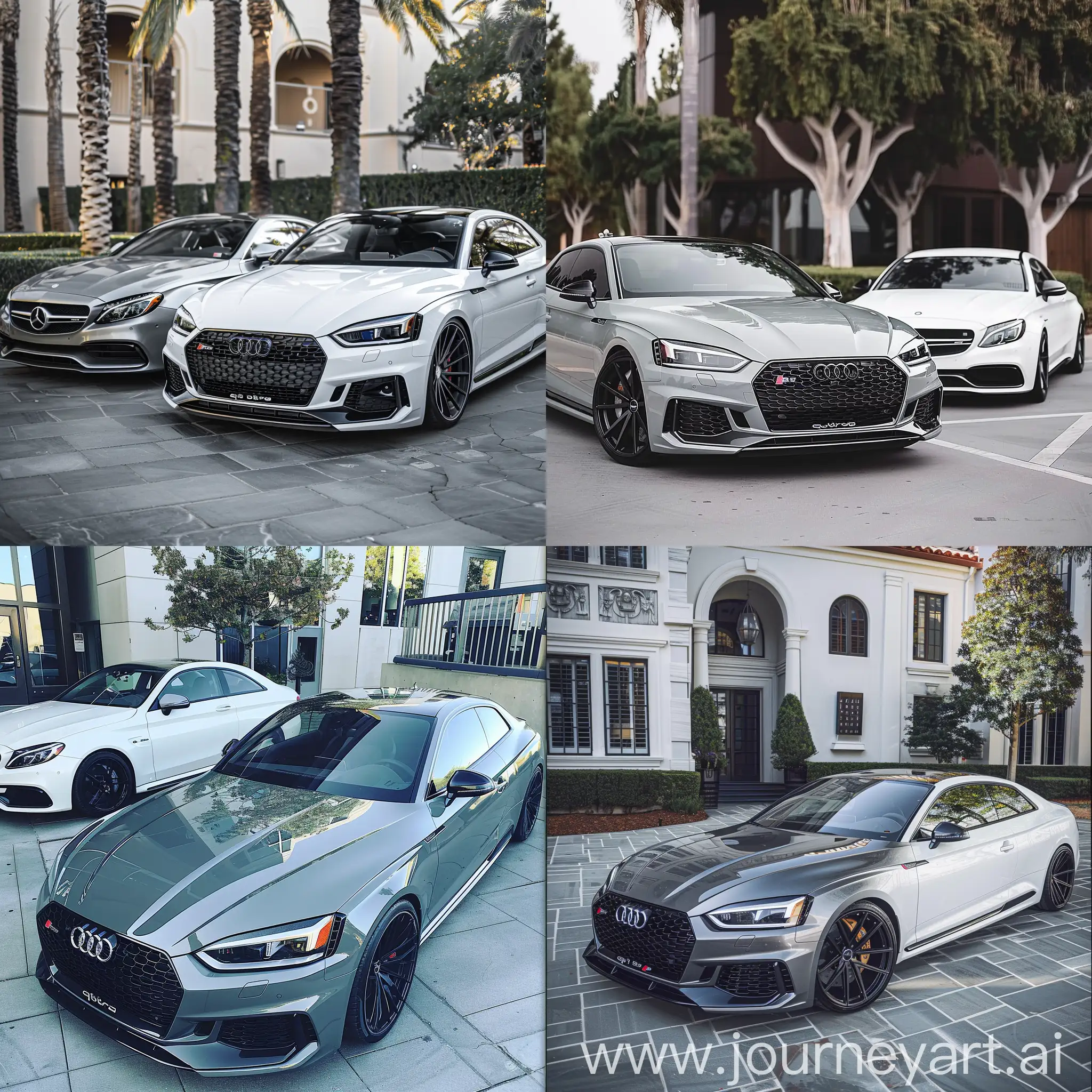 Instagram style van audi rs5 2018 in grijs zwarte abt velgen gespot naast een Mercedes c63 2018 in wit naast elkaar wallpaper scherp mooi