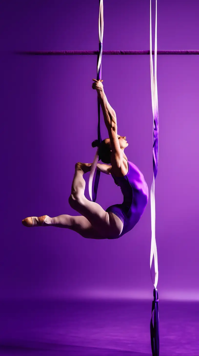 Aerial Gymnastics Performance on Vibrant Purple Background