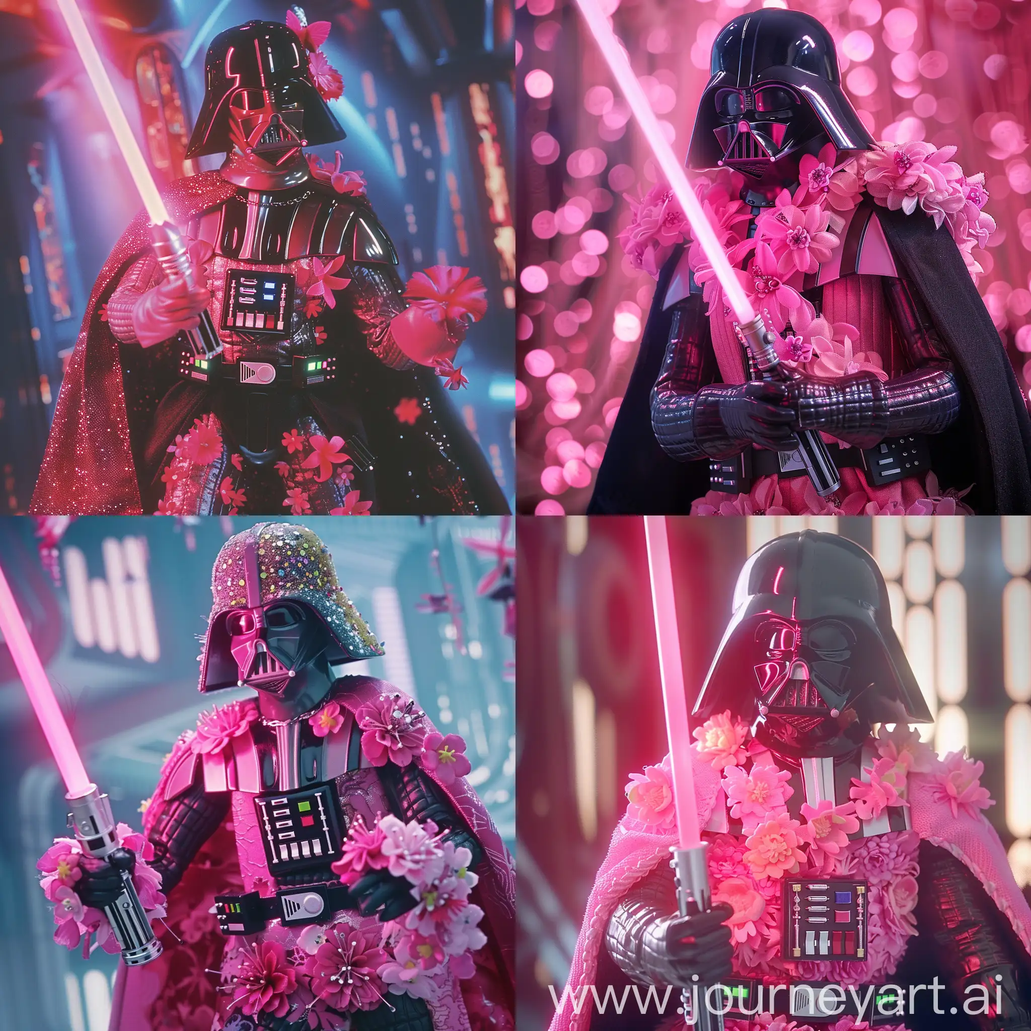 Darth Vader  in romantic genre film, dvd screenshot from anime film, barbie Vader wearing barbie (pink and romantic and flowery) costume, holding pink lightsaber and 80s romantic film composition --c 5