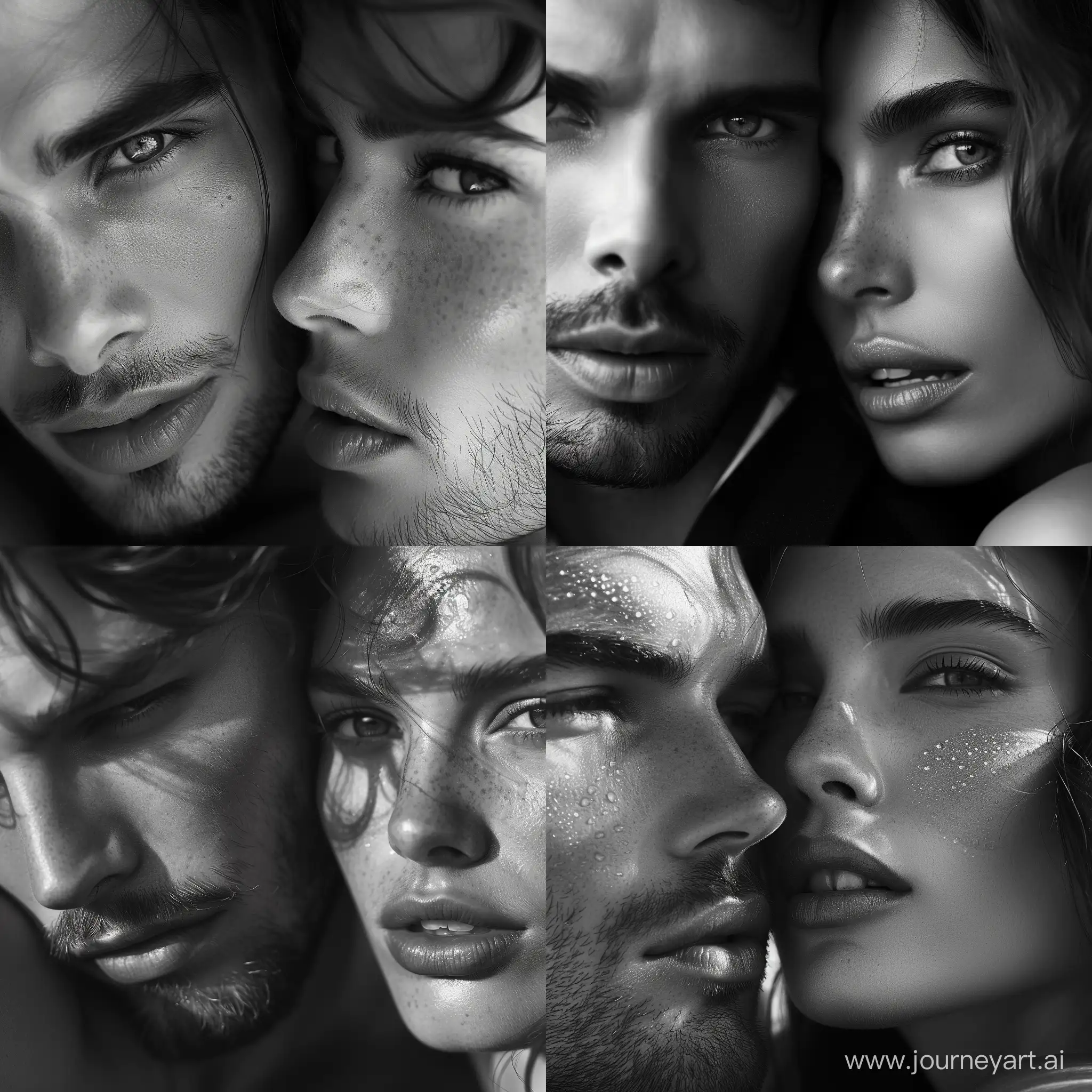 man and woman faces close-up, black and white photography, sensual stylish editorial look