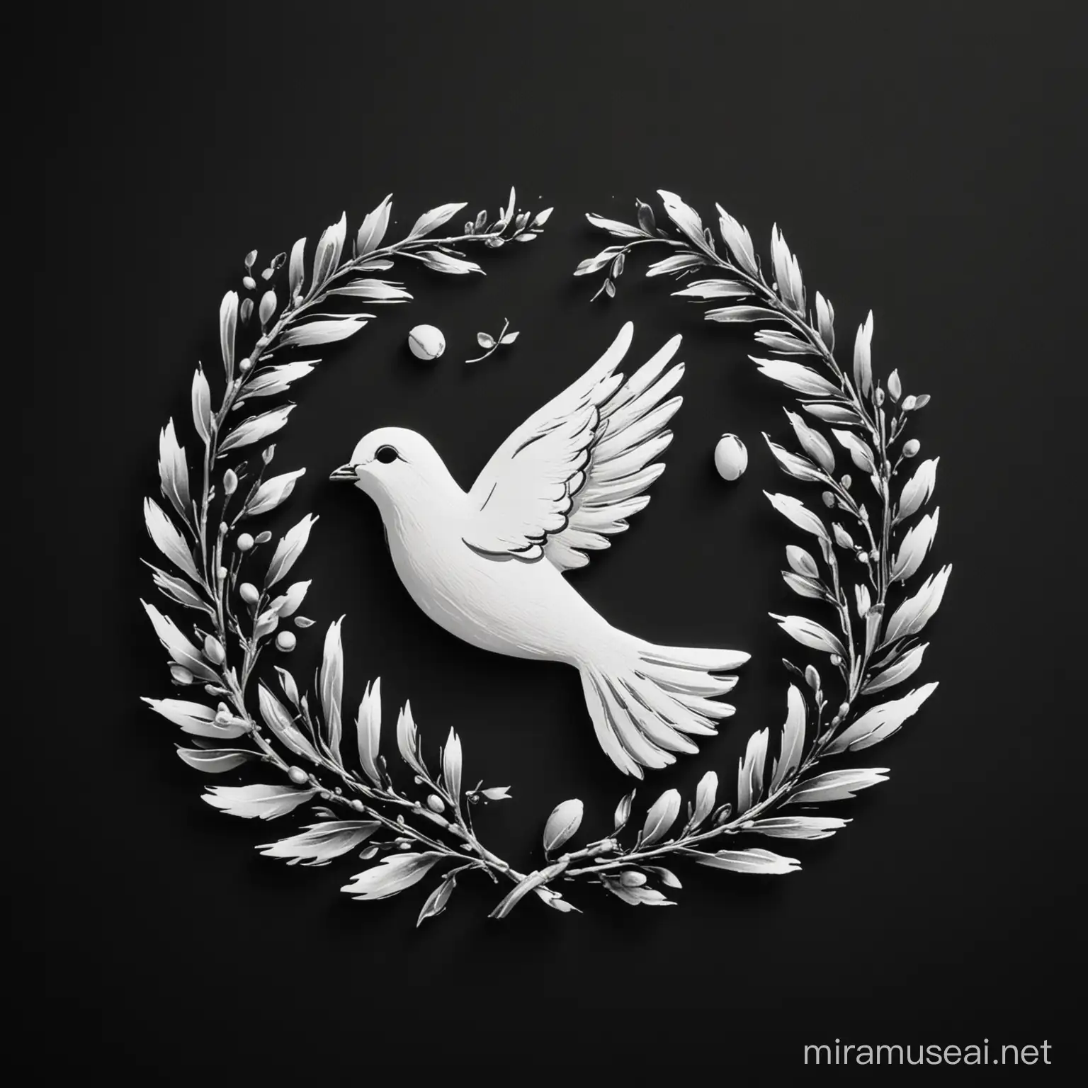 logo of an icon  dove with olive branches, black and white, black background