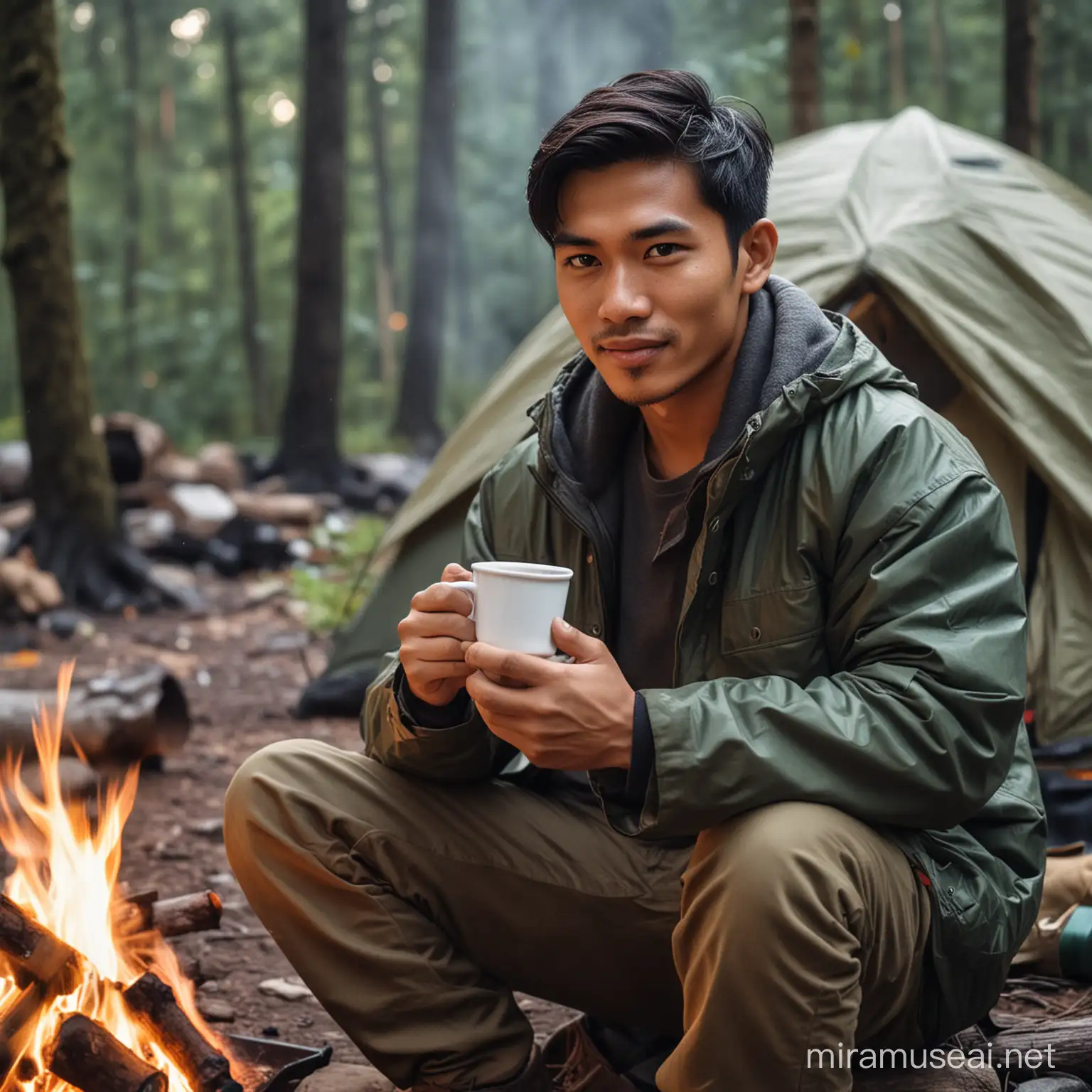 Indonesian Man Enjoying Coffee by Campfire in Drizzling Rain