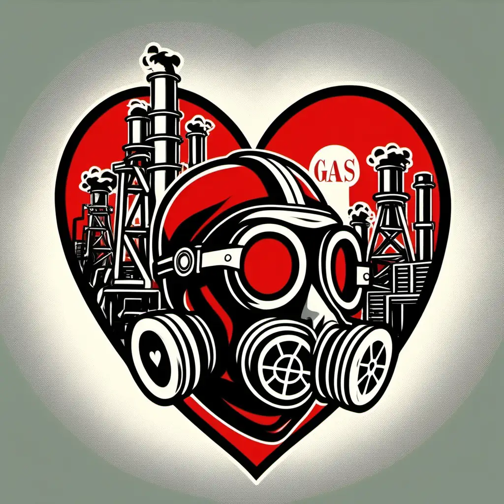 Whimsical Red Heart with Black M40 Gas Mask in Chemical Plant Setting