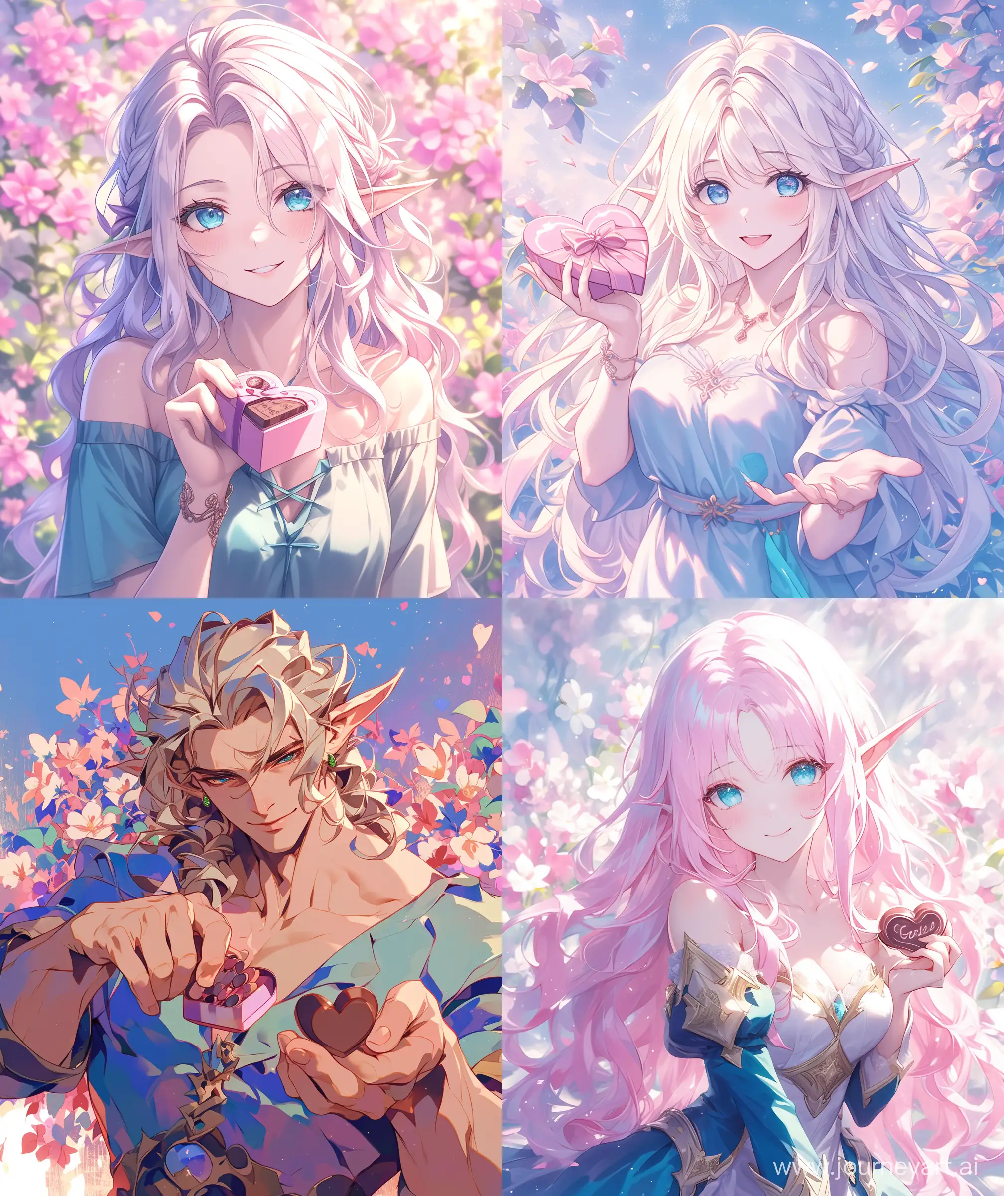 Beautiful elf man, anime style, illustration, beautiful heart' flowers background, light pink and blue mix theme, beautiful "beautiful light color dress", "dynamic poses" of giving chocolate gif box, "heart shape" "verious colour" chocolate box", mature and happy facial expressions, ultra HD high quality, sharp details, --ar 27:32 --s 400 --niji 6