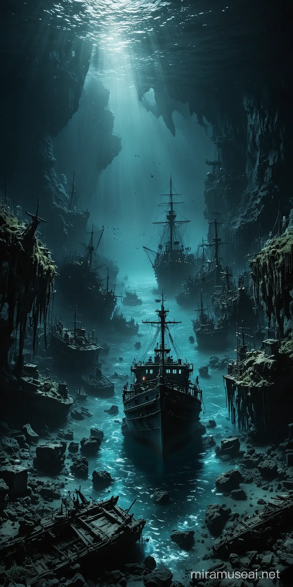 містичне кладовище кораблів в глибинах темного синього моря