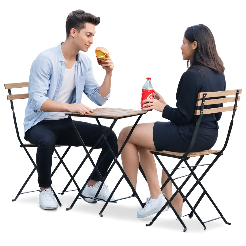 A young guy is sitting in a roadside cafe, appetizingly eating a juicy hamburger, with a can of Coca-Cola on his table