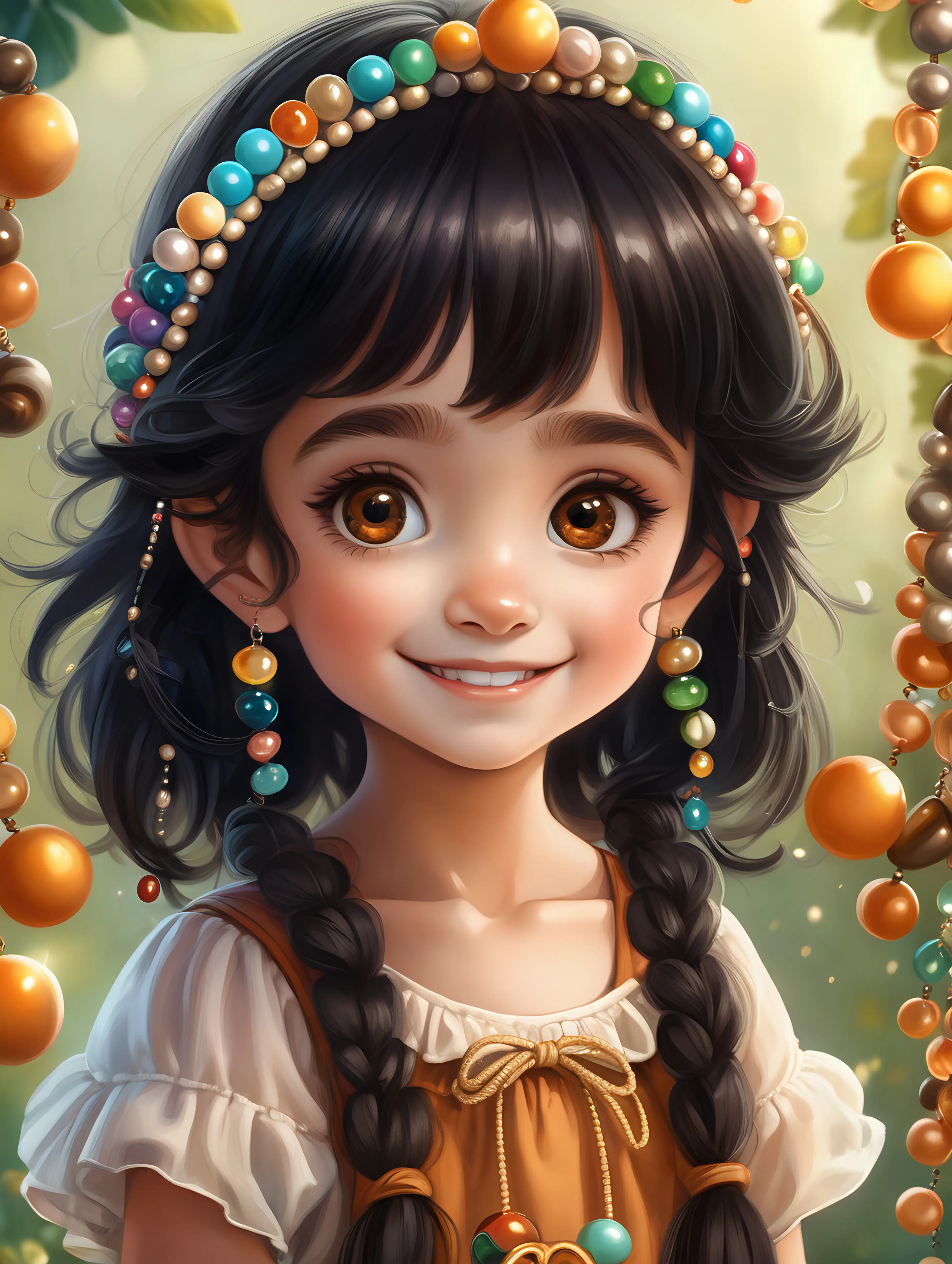 Cheerful Little Girl with Beaded Accessories in a FairyTale Setting
