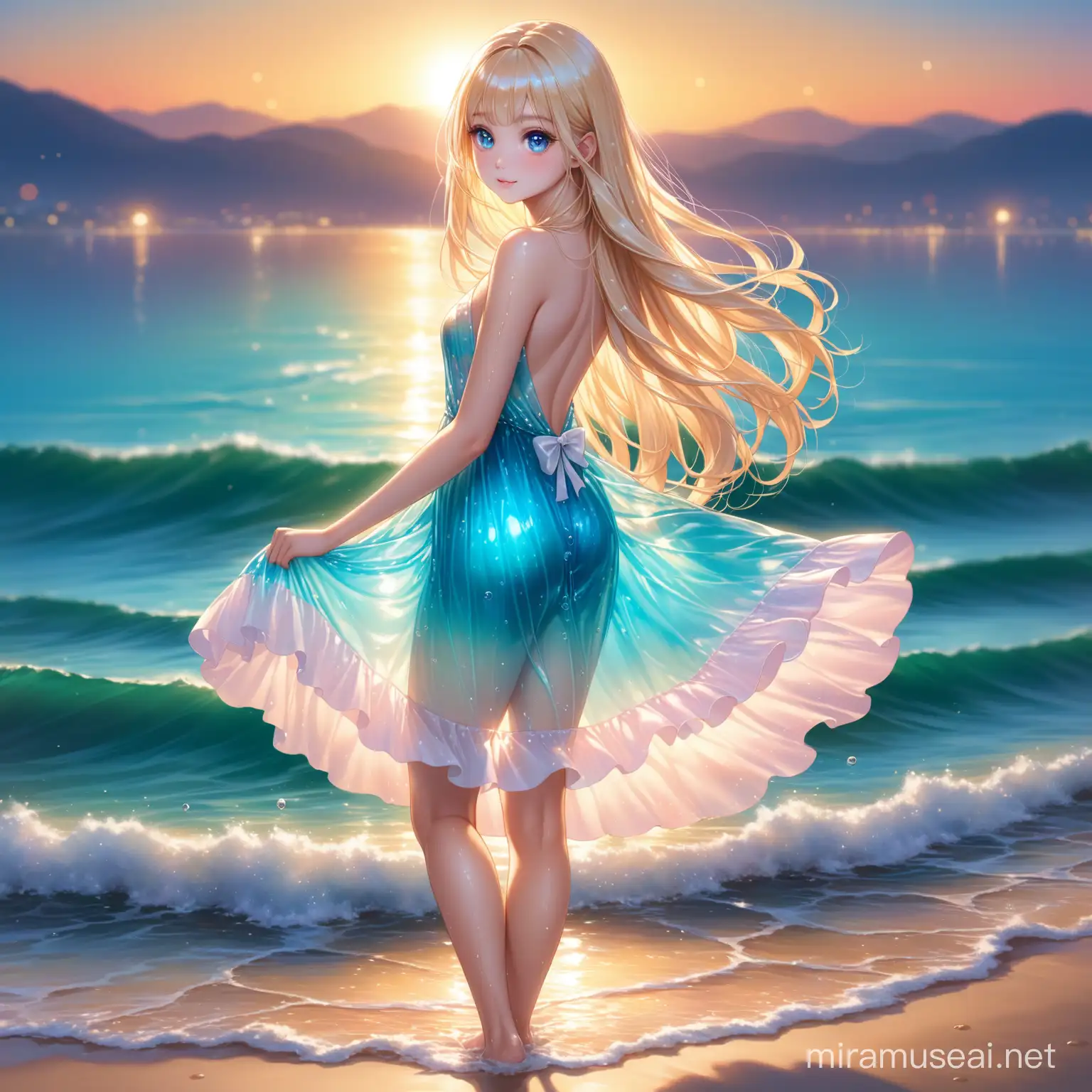 lovely blonde jellyfish girl, perfect sophisticated face, clear glowing skin, cute big eyes, long eyelashes, clear wet shiny eyes, long developing hair, lovely jelly big dress, look over the shoulder, back, full body, visible legs, head tilt, shiny clothes, standing on the shore, beautiful blue water, ultra realistic, 32k, masterpiece, high detail, high quality, sunset, looking at the viewer, bokeh, luminescent background