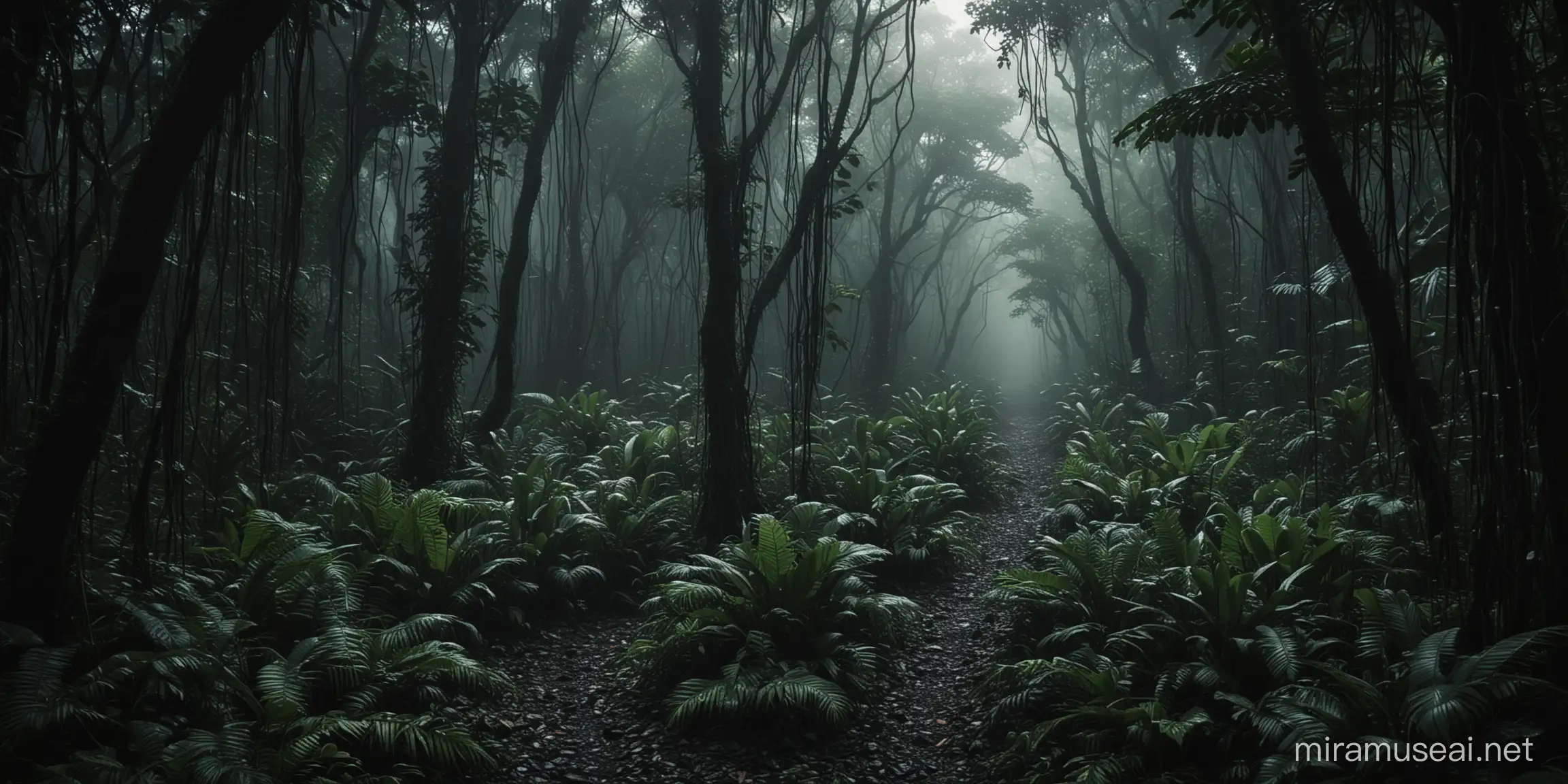 A dark jungle with lot's of tree and plant and in the centre a thin endless way going inside the jungle 