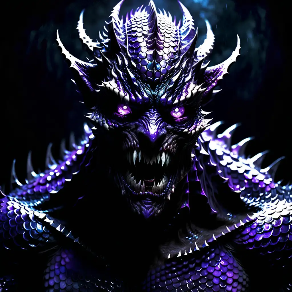A god of fear and dread. . Very humanlike still but very shadowy.  lots of sharp teeth. covered in scales. glowing violet eyes
