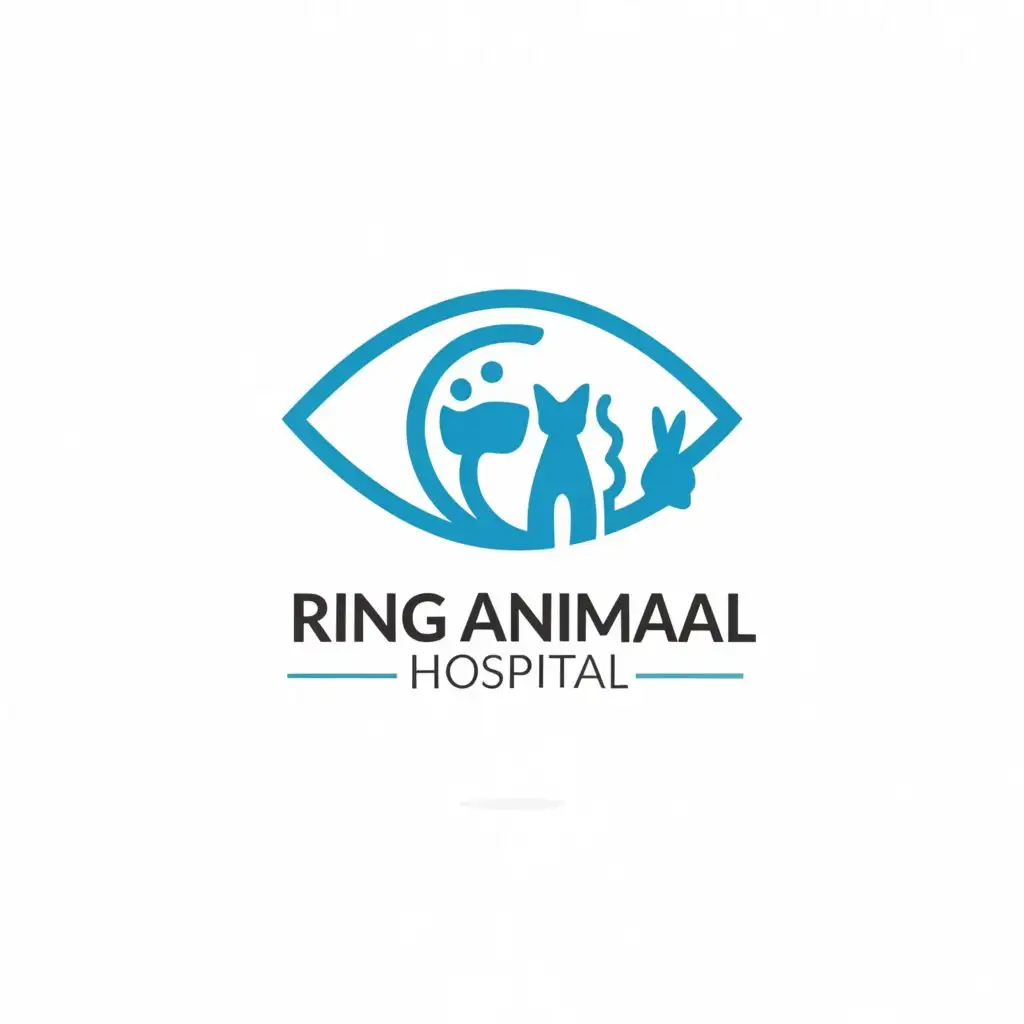 logo, logo, cat, dog and rabbit inside an eye. round logo. simple logo. blue colors, typography, be used in Medical Dental industry, with the text "Ring Animal Hospital", typography, be used in Medical Dental industry