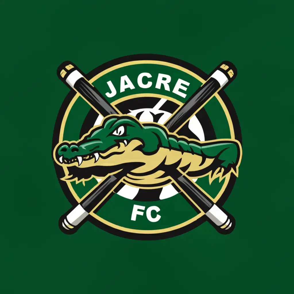 a logo design,with the text "JACARE FC", main symbol:Alligator with a snooker cue, green and black background, circle, crossed pool cues,Moderate,be used in Entertainment industry,clear background