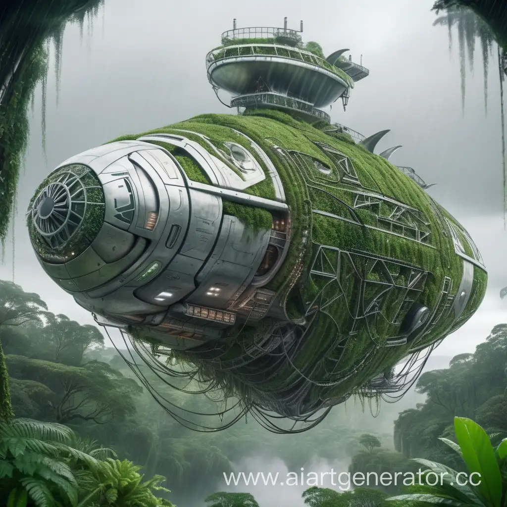Космический корабль огромный, лежит в джунглях, реалистичный, пасмурное небо, дождь, сталь, вид сверху, заросший мхом, заросший лианами, огромный корпус, металлоконструкции