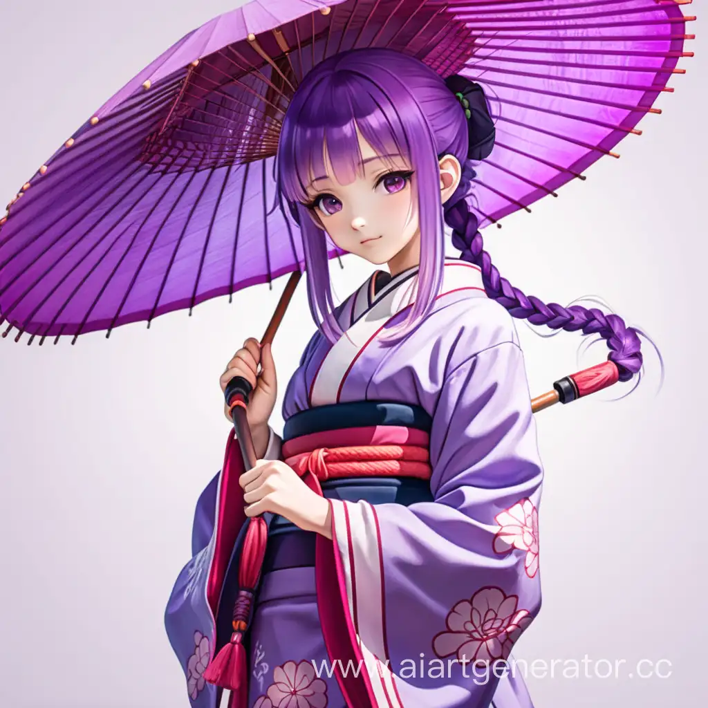 anime girl with purple hair in a braid, with a full-length Japanese umbrella in her hands, Japanese purple clothes