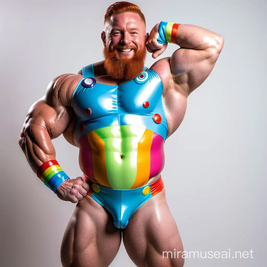 Studio Light Topless Ultra Beefy 30s IFBB Red Head Muscled with Trimmed Beard Daddy wearing Unzipped Coloured Space Suit Mixed Rainbow Colourful Short pants Non bulky tummy Flexing his Big Strong Arm holding Doraemon