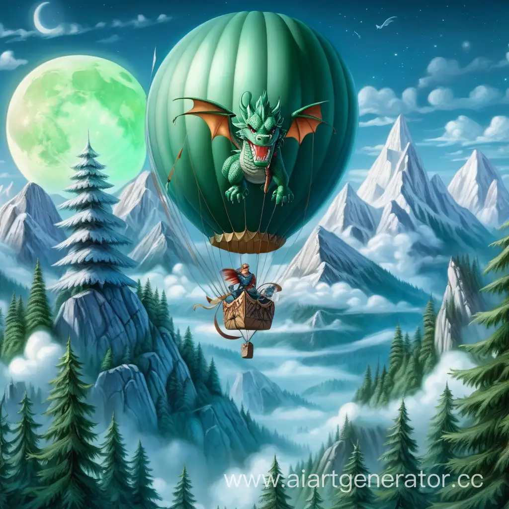 полет на шаре, горы  мифические, зелёное небо, синие ели, луна с лицом, богатырь с мечом и луком мифическим, дракон