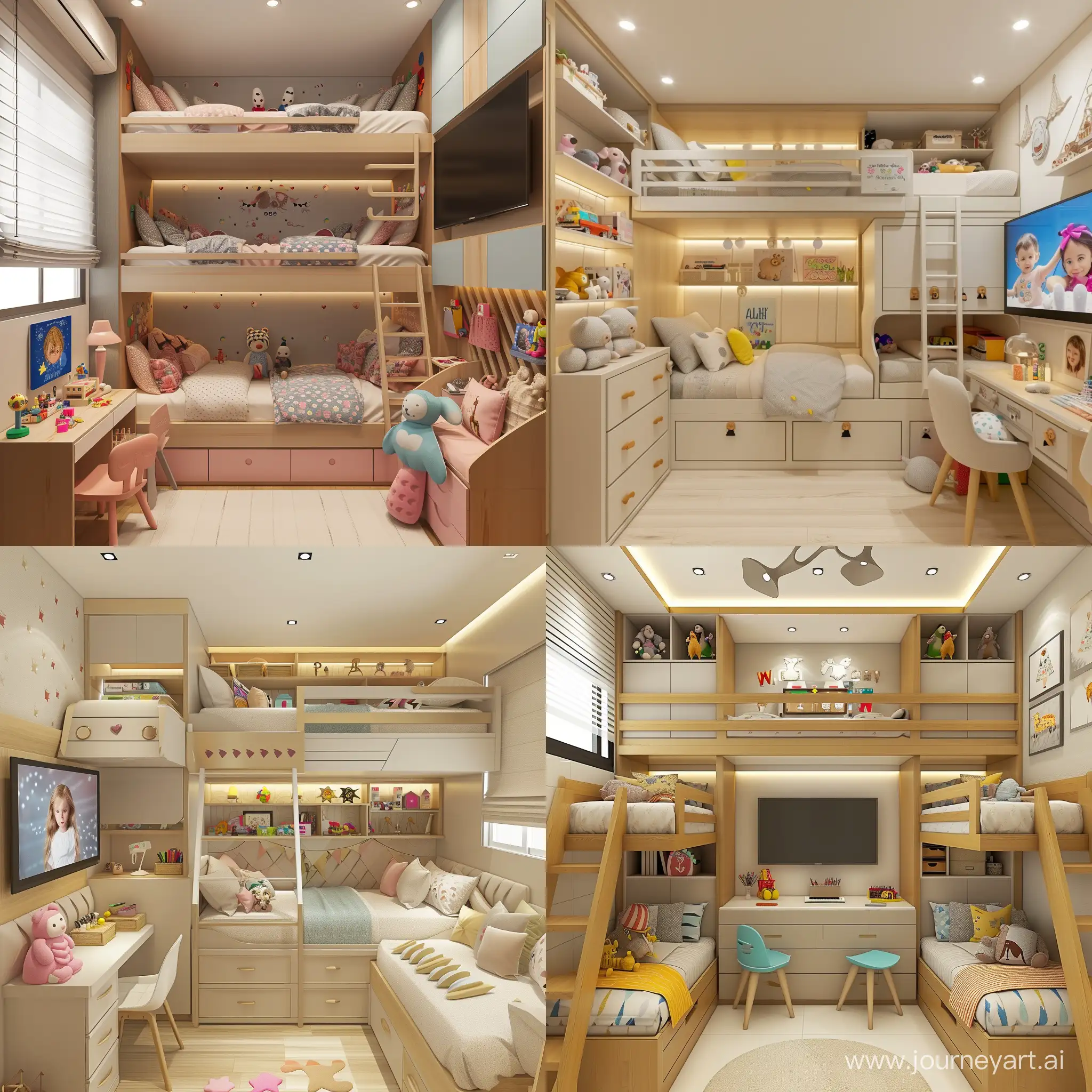 Cozy-Triple-Bunk-Bed-Childrens-Bedroom-with-Playful-Design