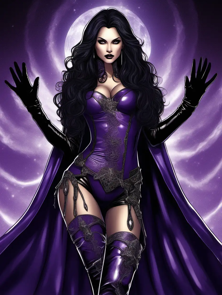 Sexy regal Queen in a detailed fantasy style wearing a purple leather leotard, a cape, thigh high boots and gloves with long black wavy hair in a detailed fantasy style