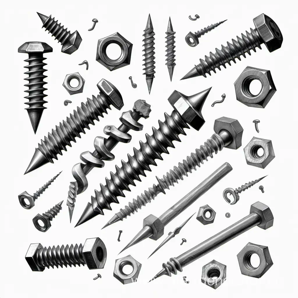 Monochrome-Sketch-of-Industrial-Fasteners-Bolts-Nuts-Nails-and-Screws