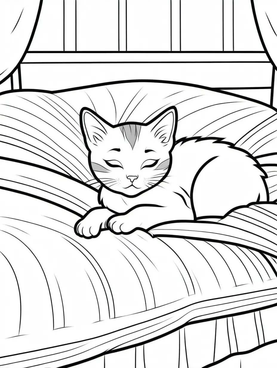 Colouring page, cute ,  exotic short hair ,kitten, sleeping in the middle of a big bed,bed,white , black outline,thick lines, white background, low detail, no shading , colouring page