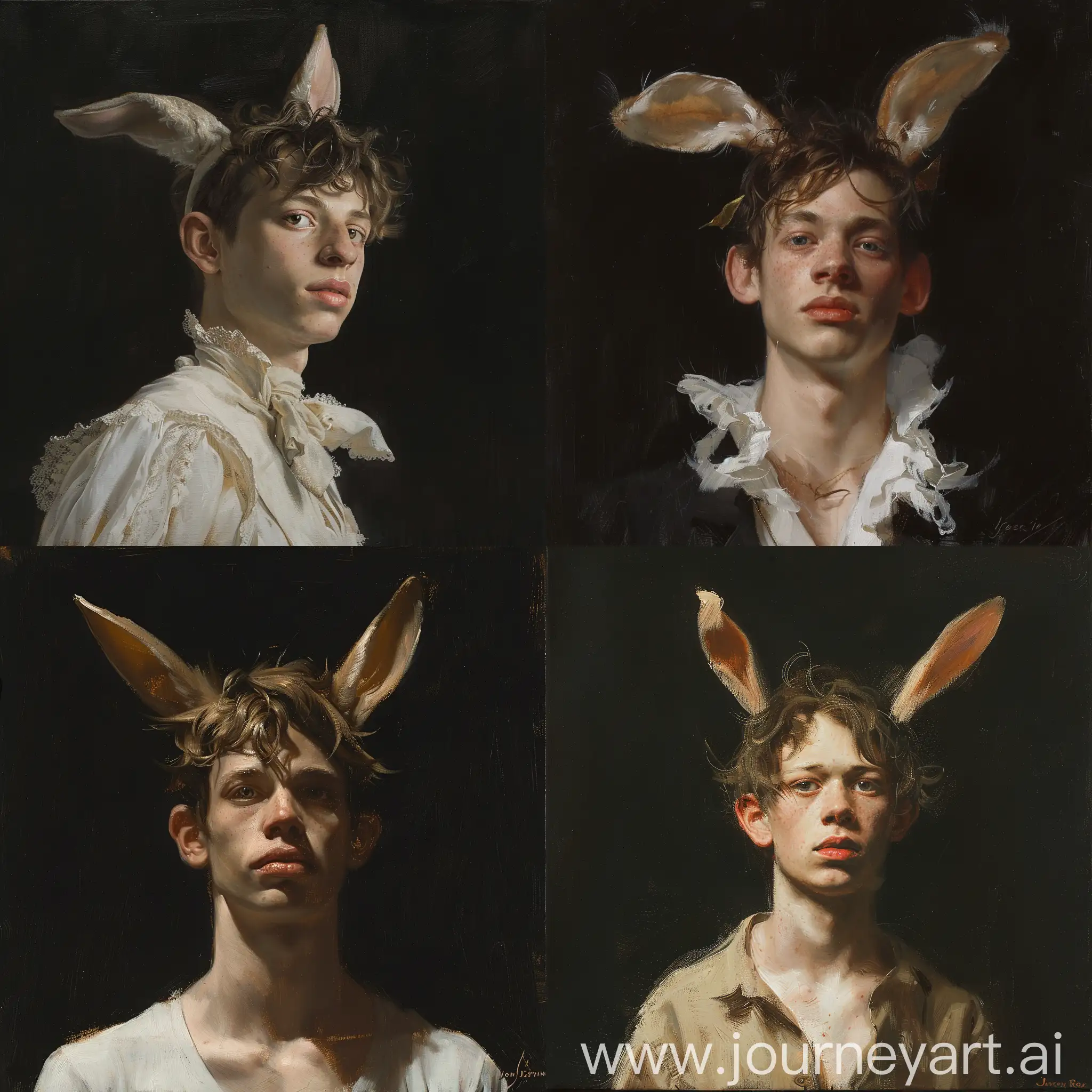 a painting of a young man with rabbit ears, wlop John singer Sargent, jeremy lipkin and rob rey, range murata jeremy lipking, John singer Sargent, black background, jeremy lipkin, lensculture portrait awards, casey baugh and james jean, detailed realism in painting, award-winning portrait, amazingly detailed oil painting