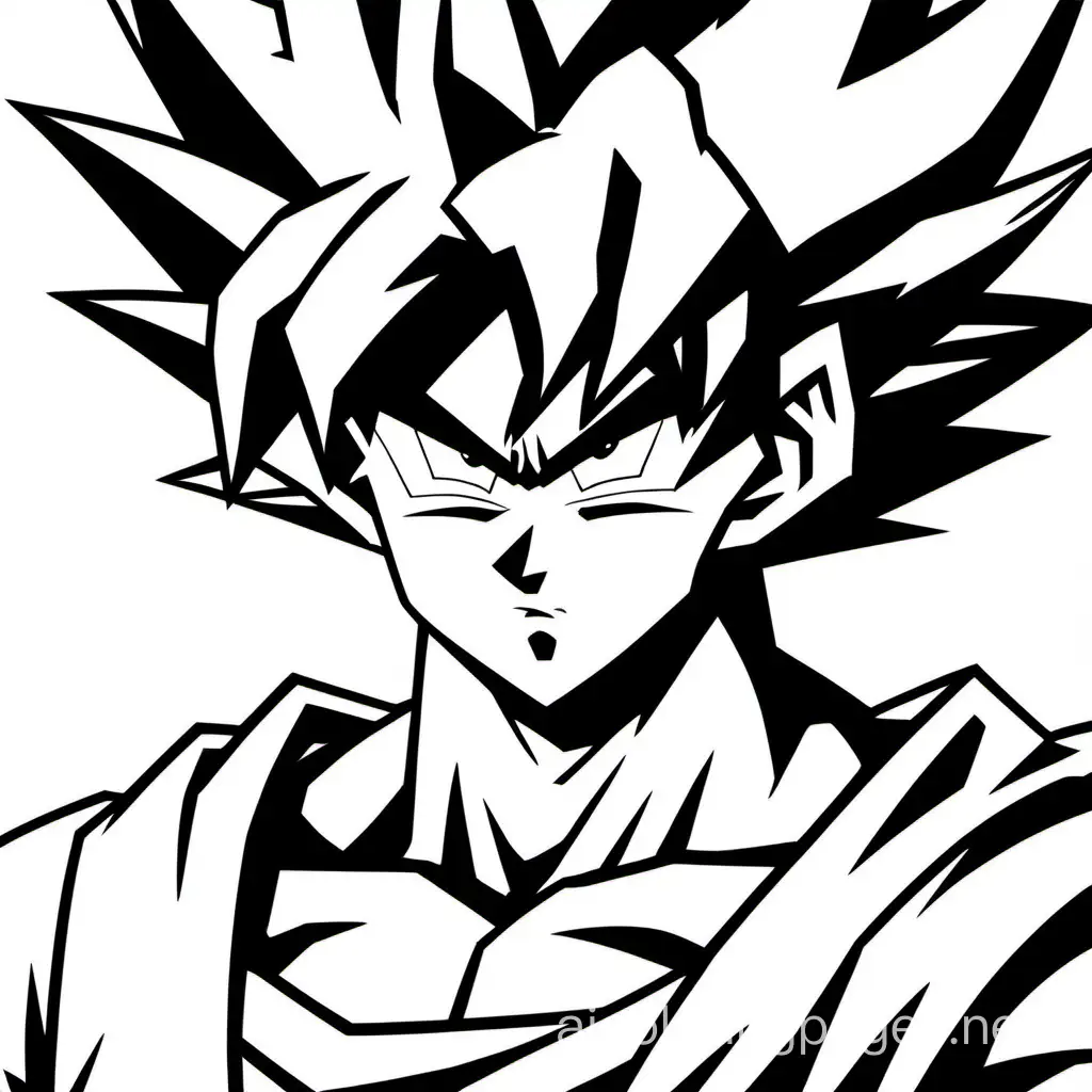 Goku, Coloring Page, black and white, line art, white background, Simplicity, Ample White Space. The background of the coloring page is plain white to make it easy for young children to color within the lines. The outlines of all the subjects are easy to distinguish, making it simple for kids to color without too much difficulty