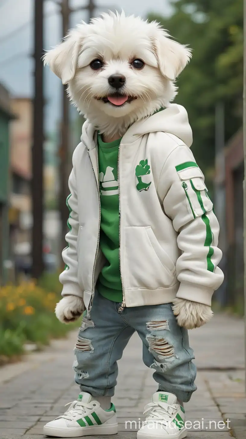 Adorable Bichn Puppy in Stylish White Jacket and Jeans with Green Sneakers