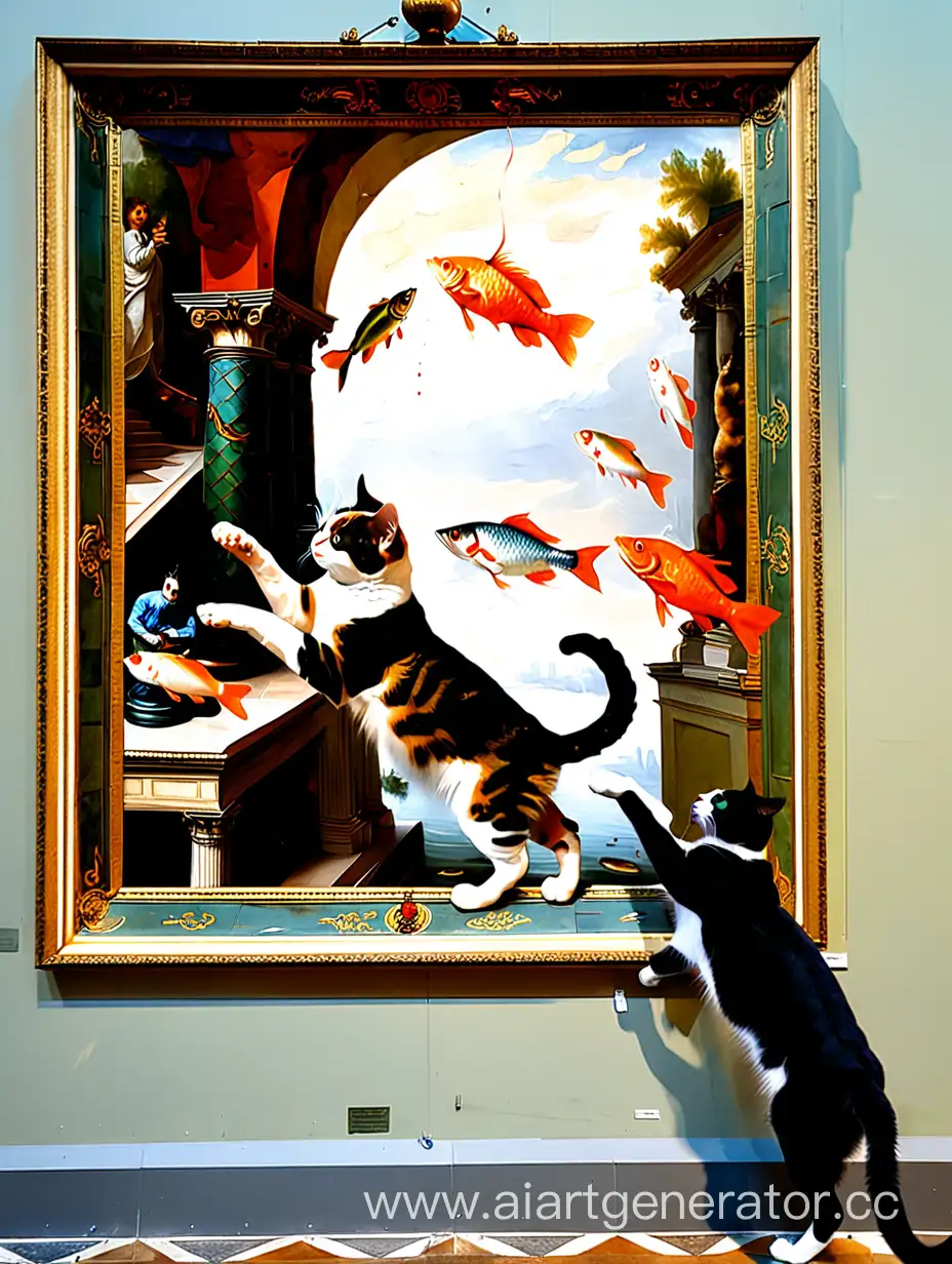 Curious-Cat-Examines-Fish-Painting-in-the-Hermitage-Hall