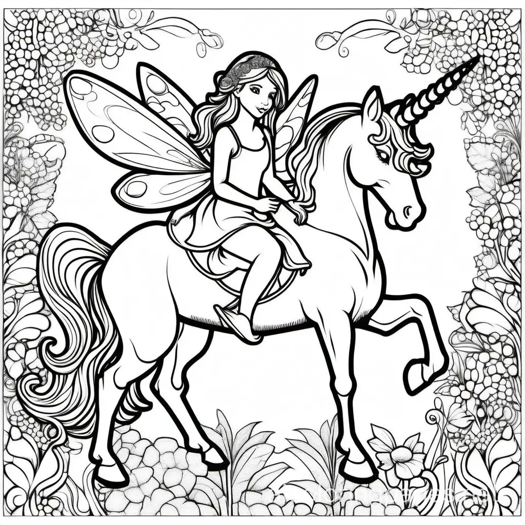 A fairy with a unicorn, Coloring Page, black and white, line art, white background, Simplicity, Ample White Space. The background of the coloring page is plain white to make it easy for young children to color within the lines. The outlines of all the subjects are easy to distinguish, making it simple for kids to color without too much difficulty