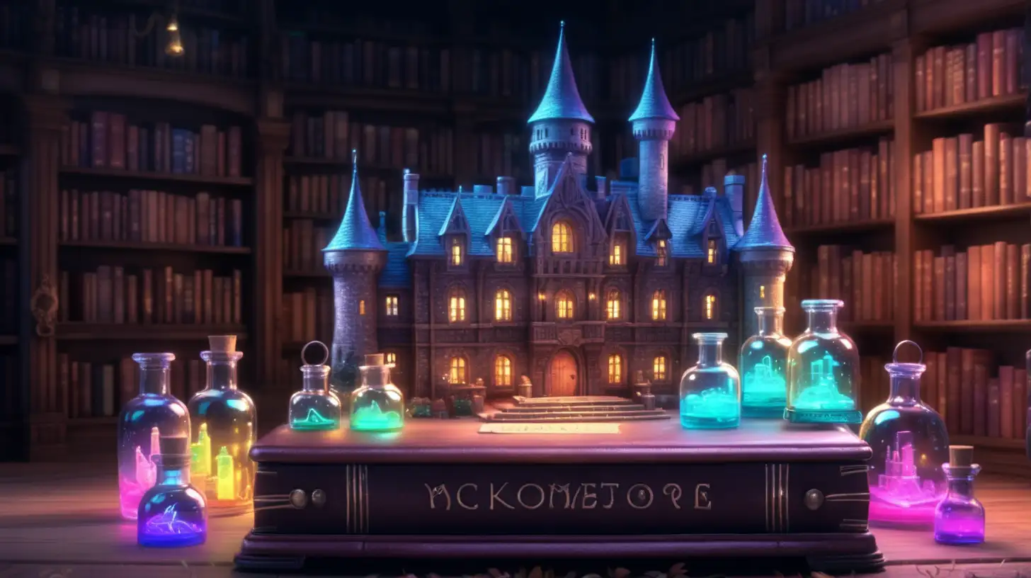 Enchanted Library Scene with Glowing Keys and Iridescent Castles