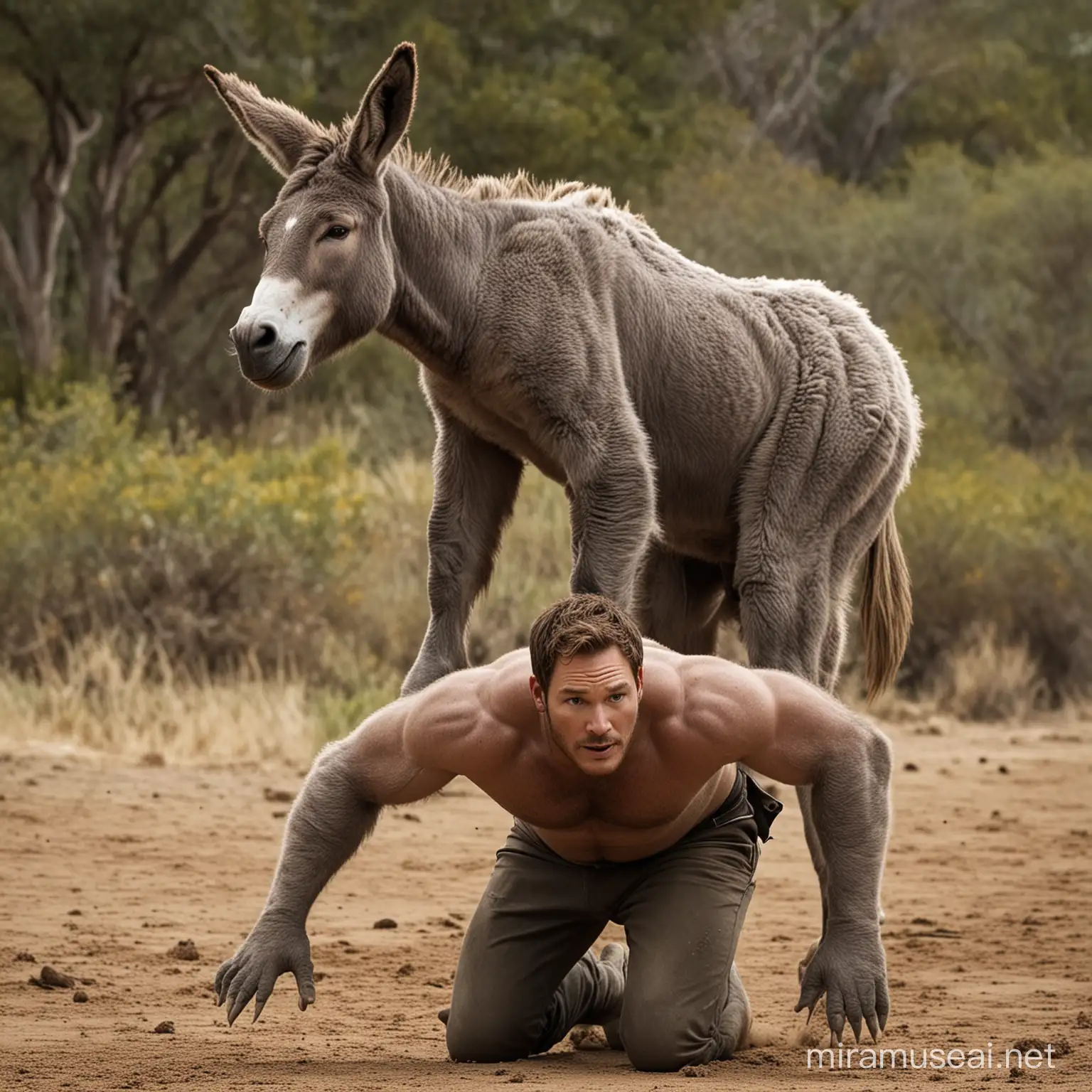 Chris Pratt on all fours transforming into a donkey. His ears stretching into donkey ears. His neck stretching into a donkey neck. His hair becoming a donkey's mane. His pants ripping apart to reveal he has the hindquarters of a donkey. A donkey tail is dangling from his rear. And he's braying like a donkey.