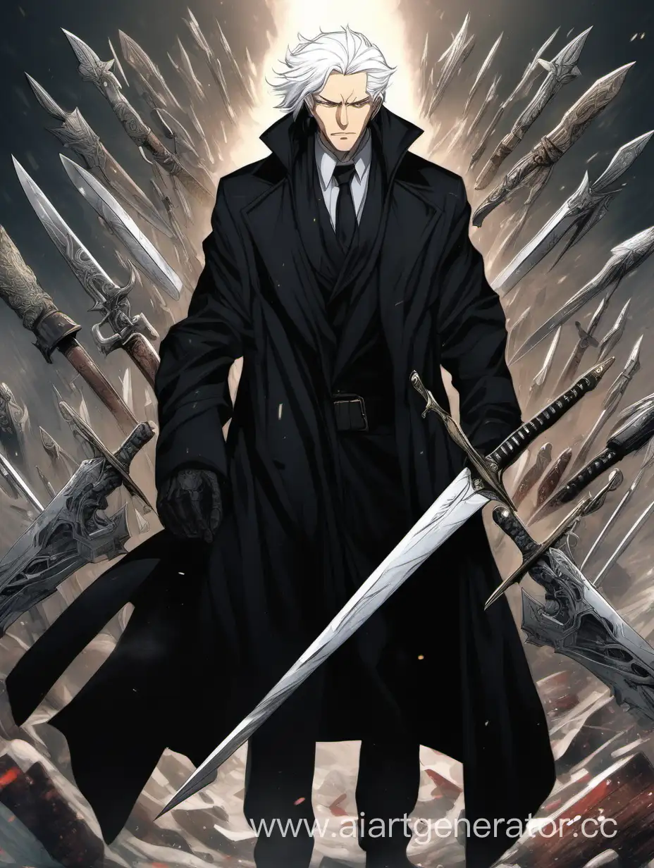 Мужчина с белыми волосами в черном пальто, за пальто очень много оружия, ножей, кинжалов 