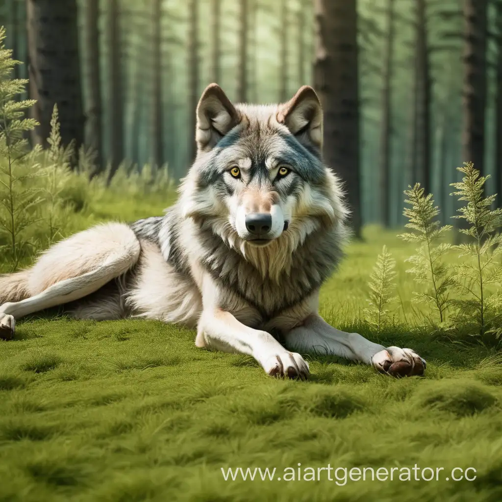 wolf lies on the meadow in the forest