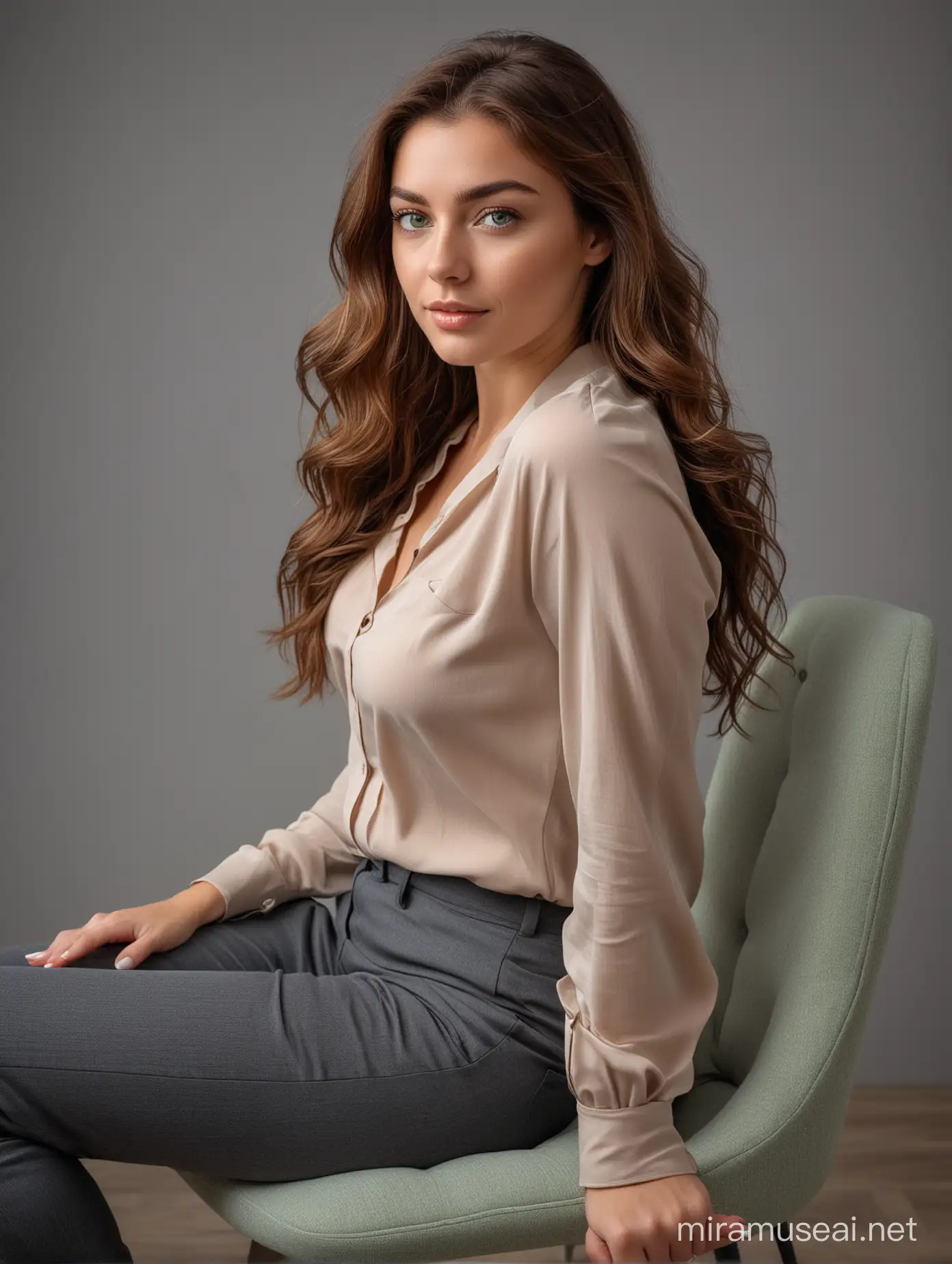 full body action of beatiful young brown hair woman with green eyes, business sitting on a chair, without retoching
 shot by Canon EOS R macro Lens, 50mm f/1.4