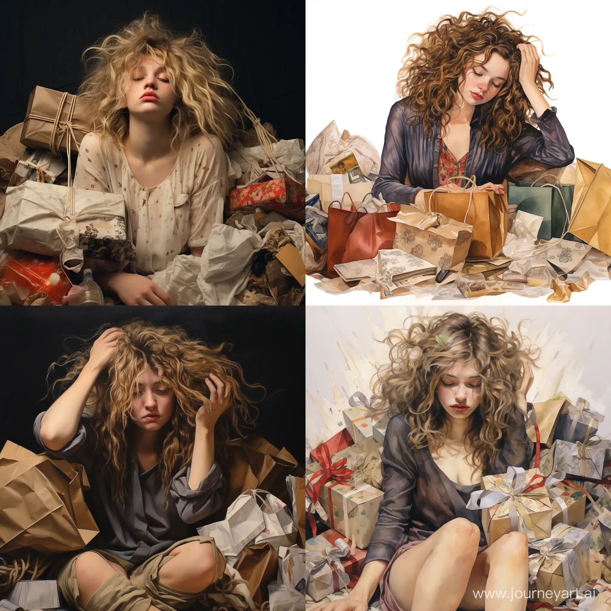 Fatigued-Girl-with-Disheveled-Hair-and-Gift-Bags