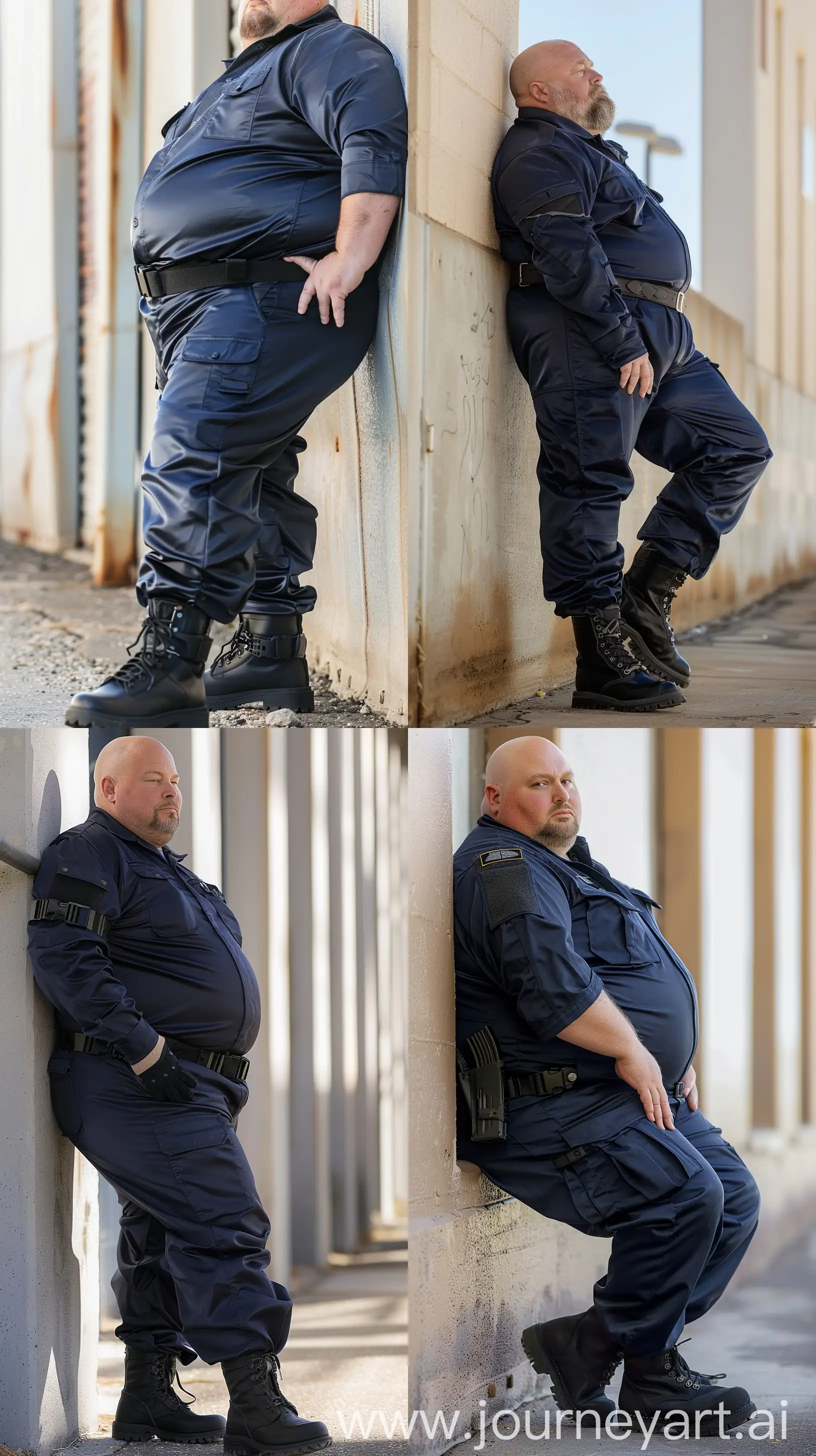 Close-up full body iew photo of a fat man aged 60. The man is wearing silk tight navy battle coverall tucked in black tactical boots and a black tactical belt. Leaning against a wall. Outside. Bald. Clean Shaven. Natural light. --ar 9:16