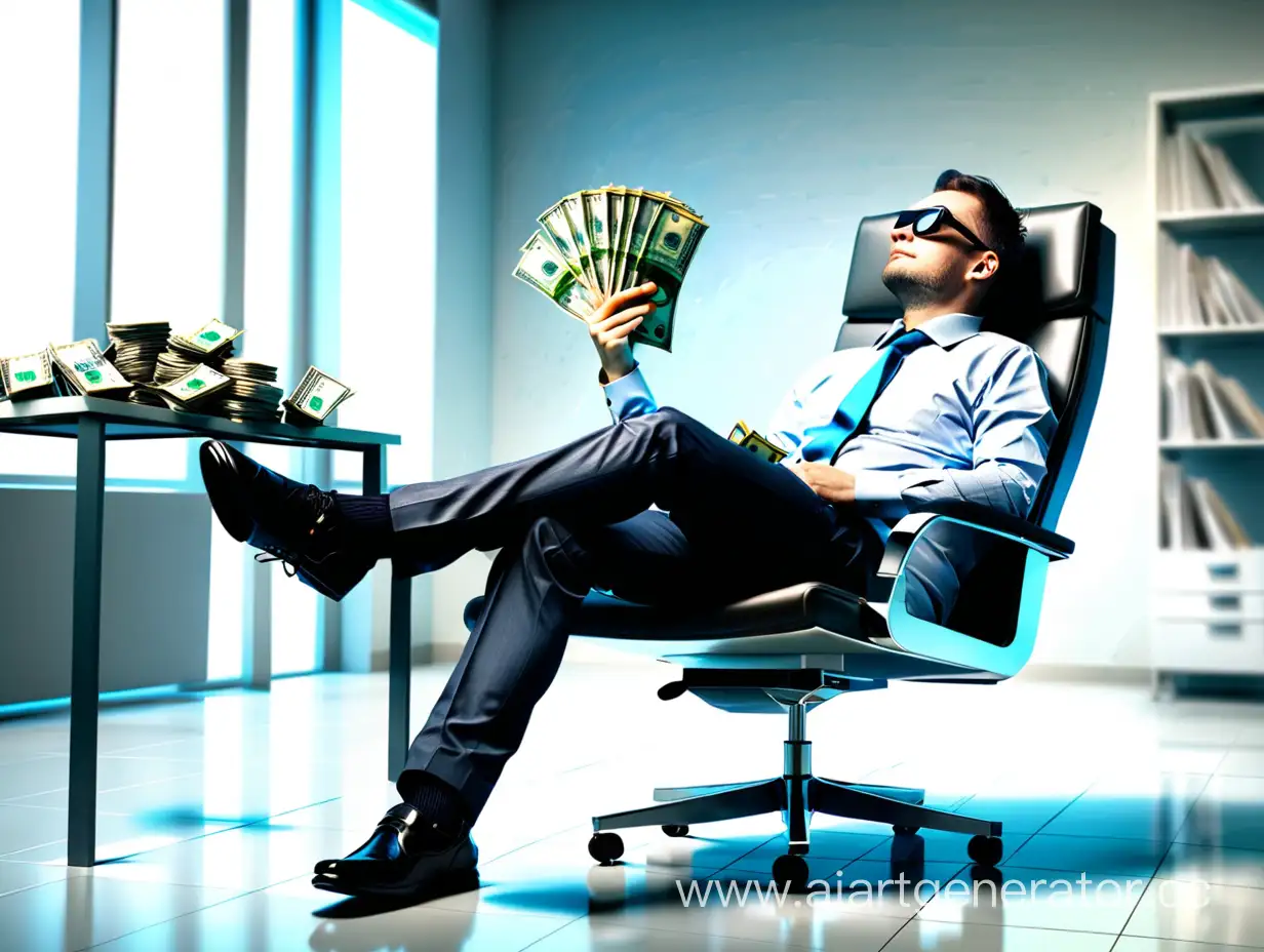 Man-Relaxing-in-Futuristic-Office-with-Money-on-Table