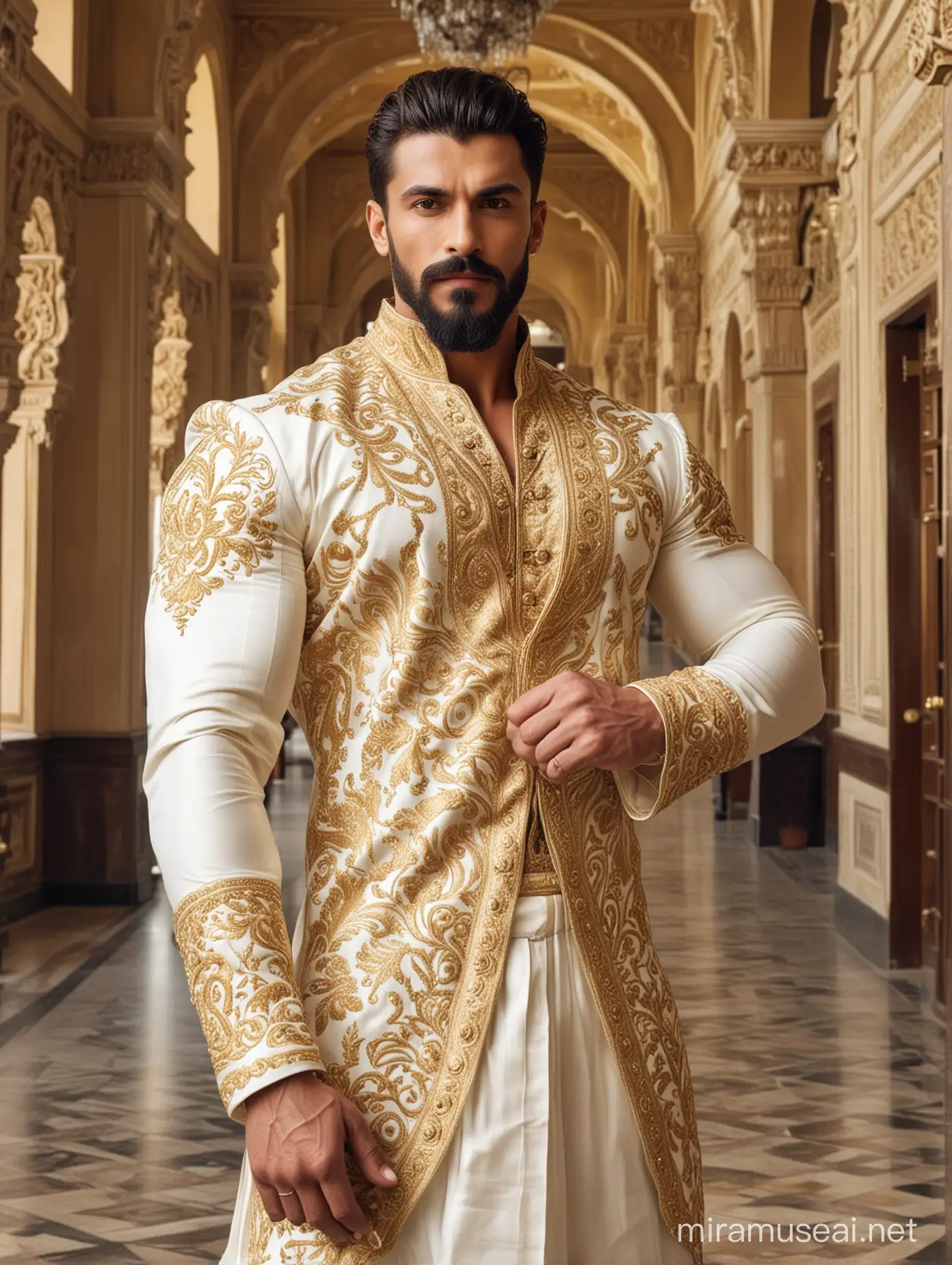 Tall and handsome bodybuilder men with beautiful hairstyle and beard with big wide shoulder and chest in white and golden sherwani and standing inside palace and showing his biceps 