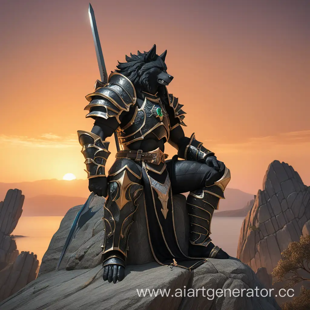 Войн в адамантитовых доспехах черного цвета сидит на камне а рядом с ним лежит его большой двуручный меч и вой любуется закатом
