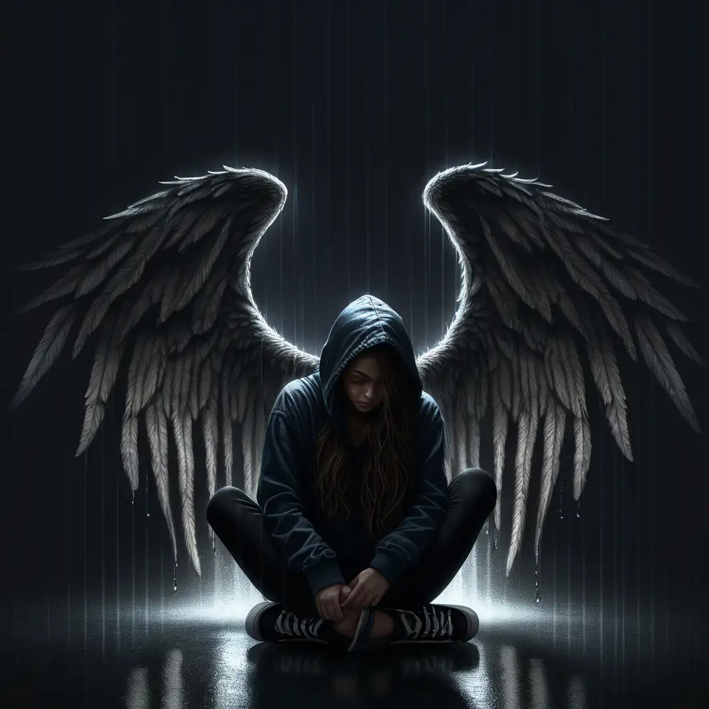 shadowed and hooded woman with wet brown hair sitting in the darkness with her head down, wearing dark jeans and dark sneakers, raining, giant angel wings growing out of her back, at night, alone