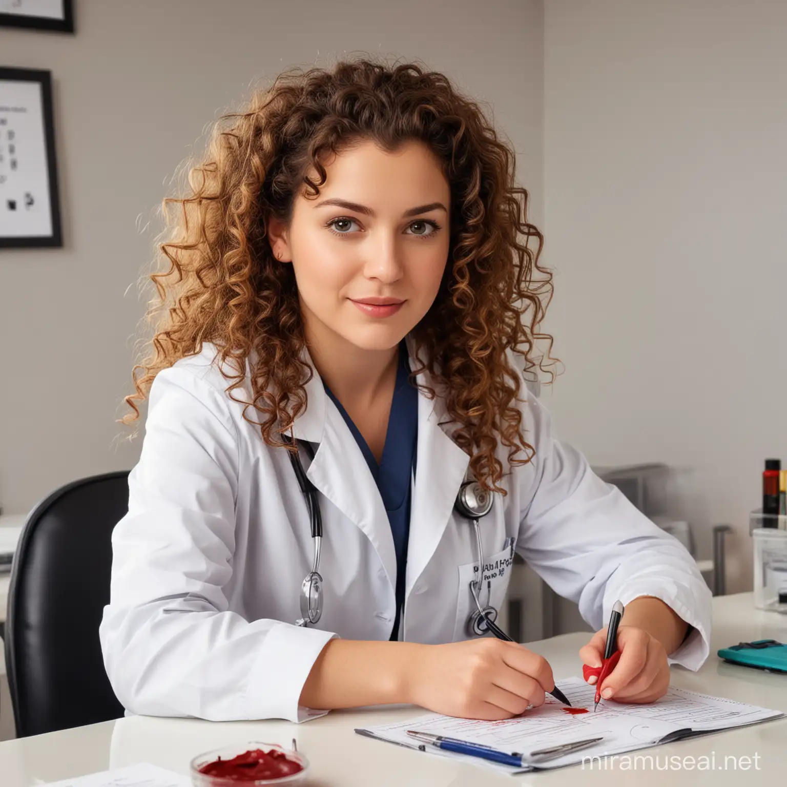 draw me a female doctor with curly hair examing a child  blood presssure  and pulse in her office