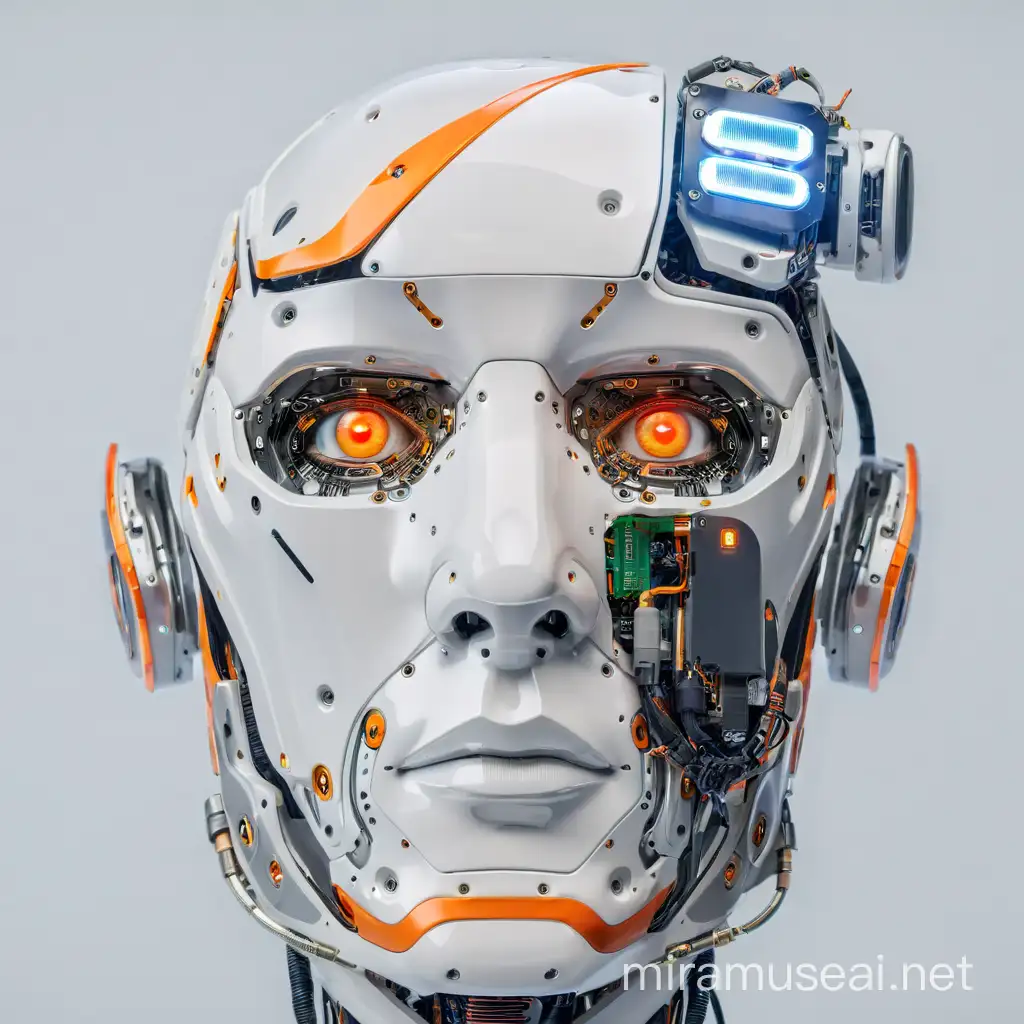 Make a portrait of a man with robotic face, with orange robotic eye, cyborg face 