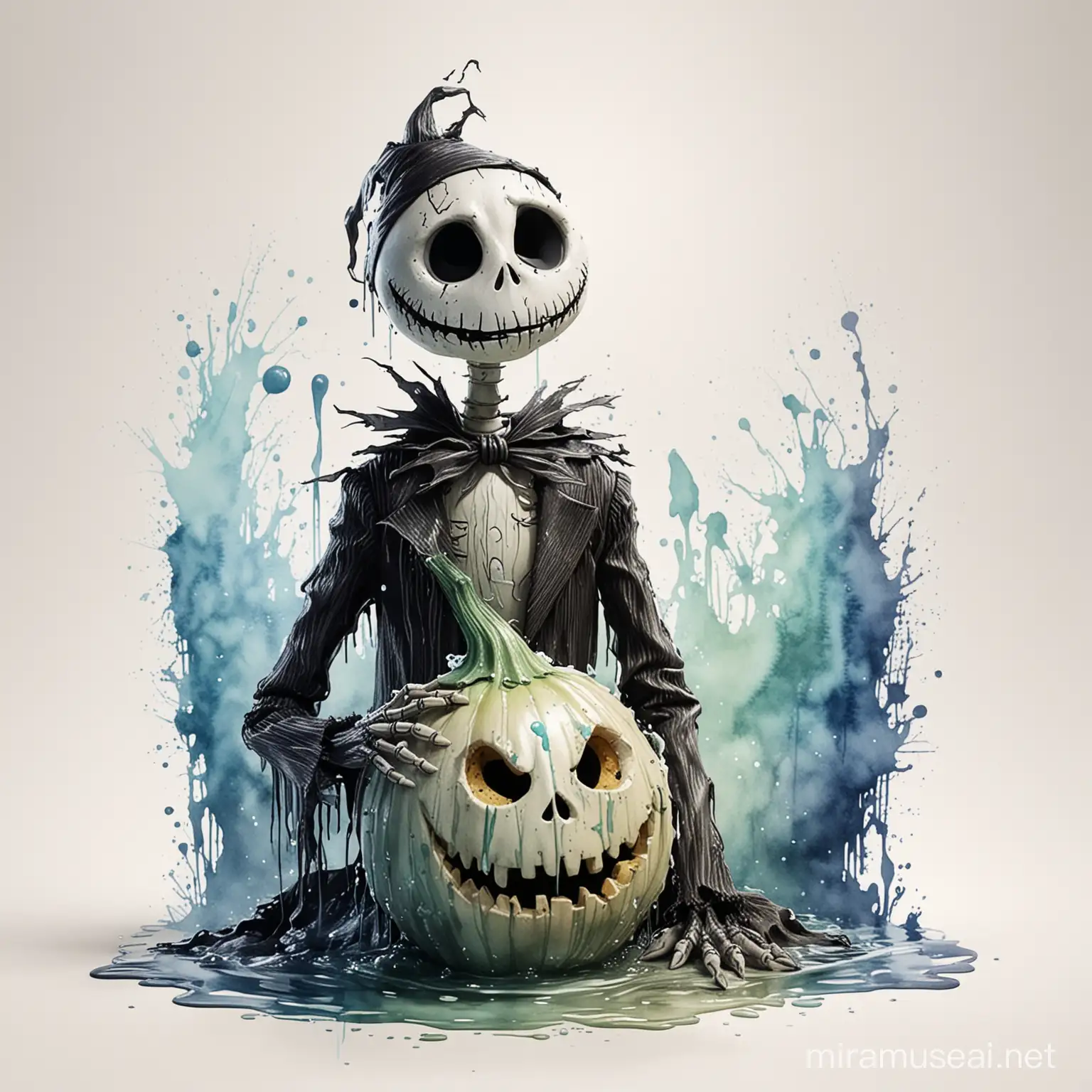 jack skeleton, ooggie boogie, water color effect background, cutout drip, white background 
